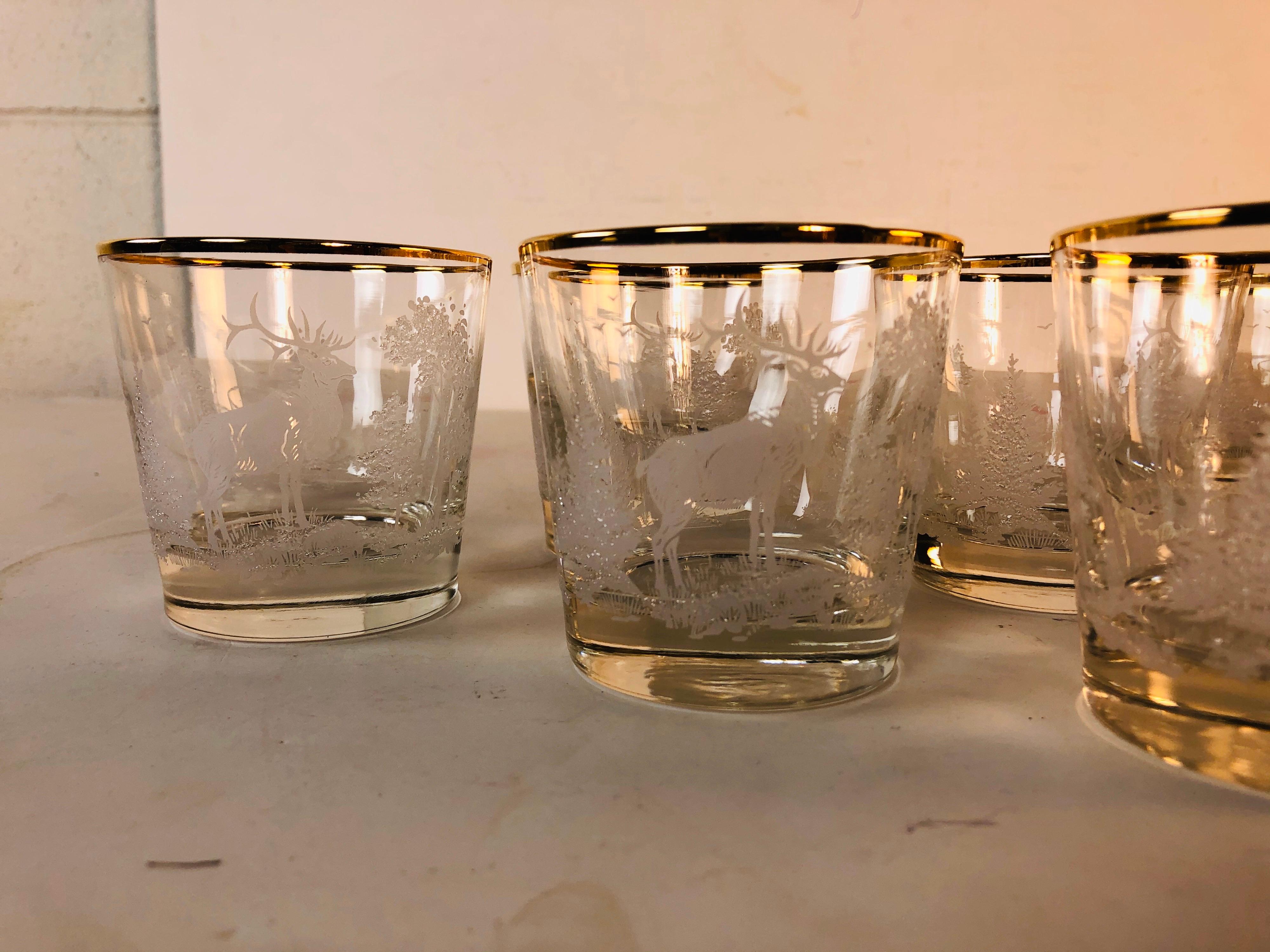 1960s Elk in the Forest Glass Bar Tumblers, Set of 8 In Good Condition For Sale In Amherst, NH