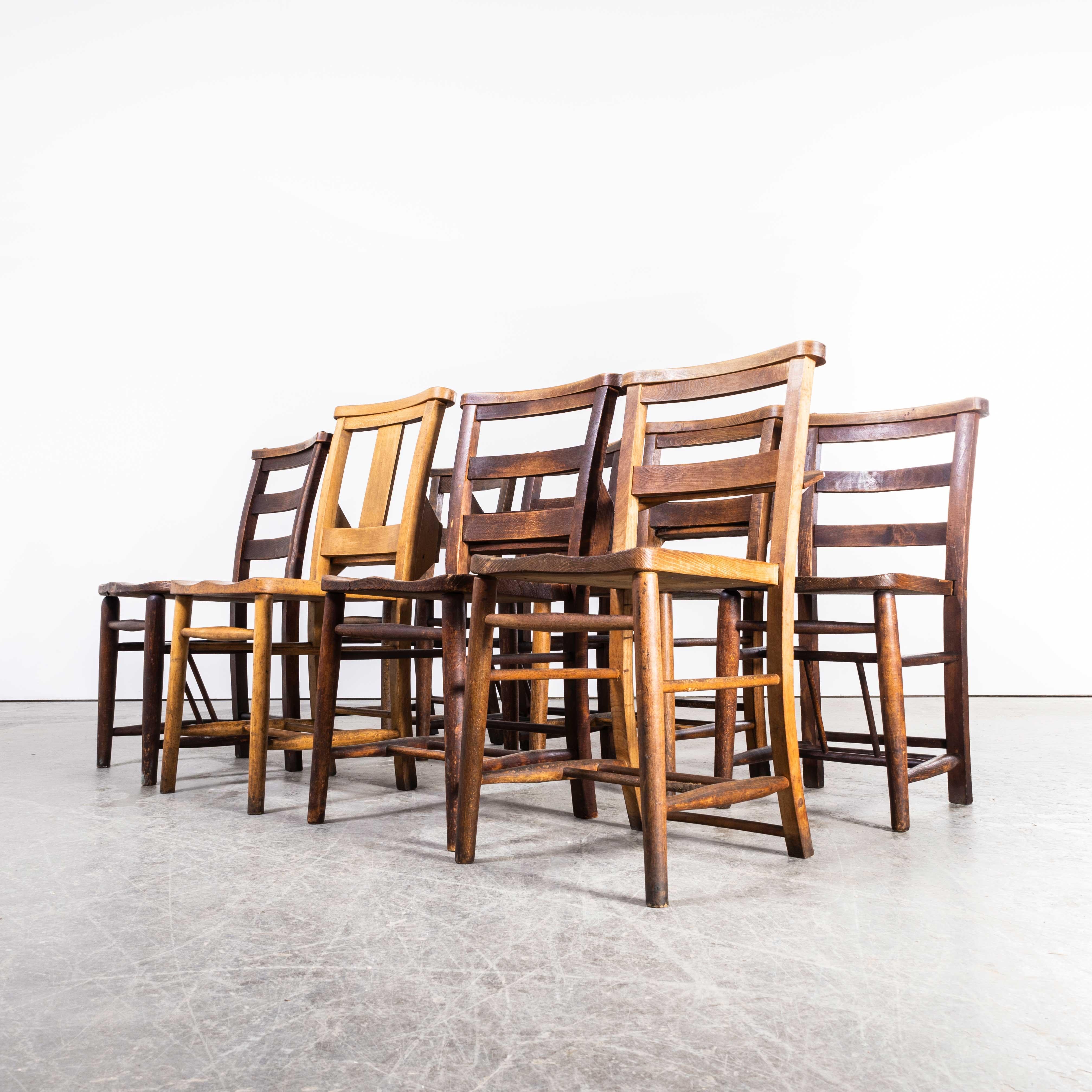 English 1960's Elm and Ash Church, Chapel Dining Chairs, Harlequin Set of Eight