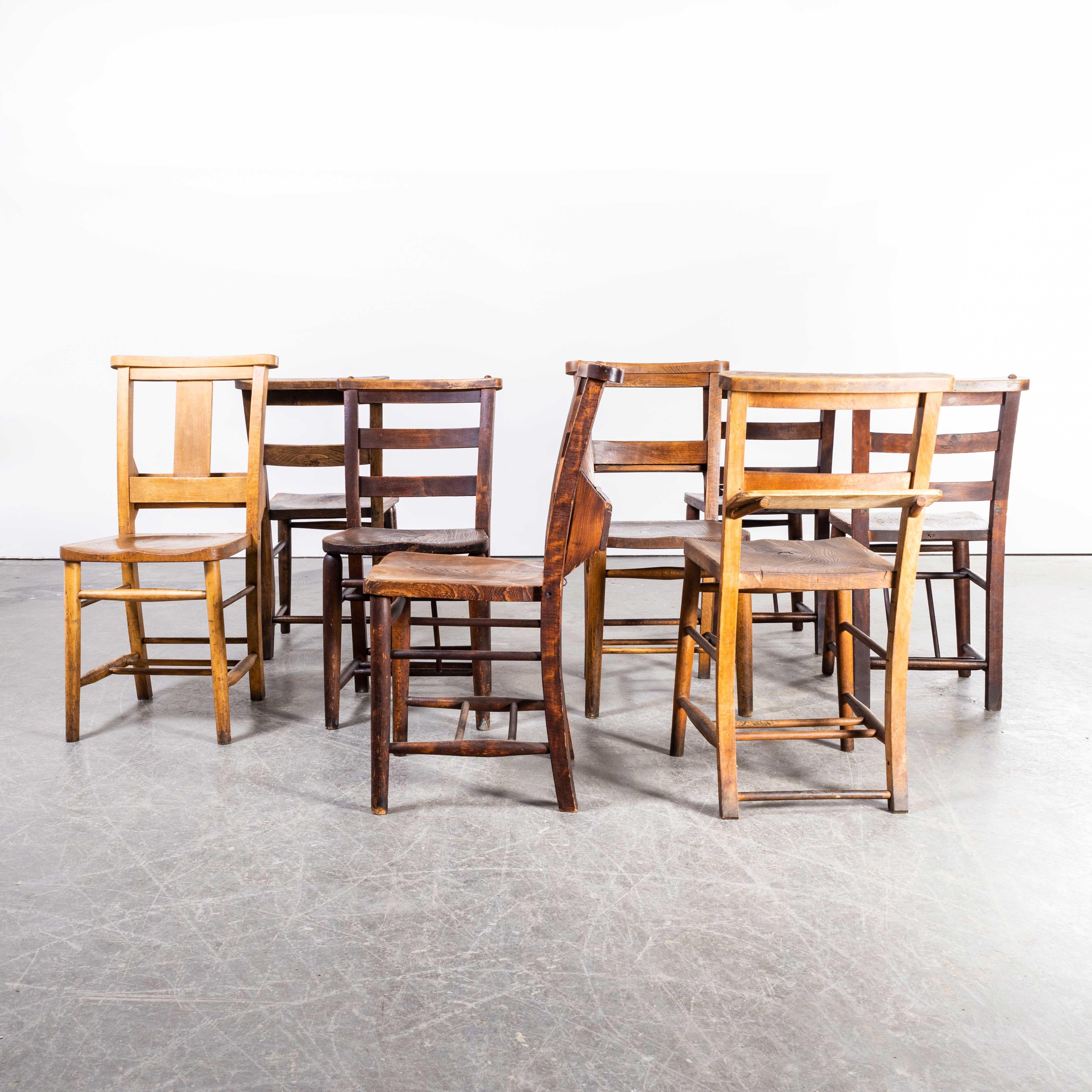 1960's Elm and Ash Church, Chapel Dining Chairs, Harlequin Set of Eight 1