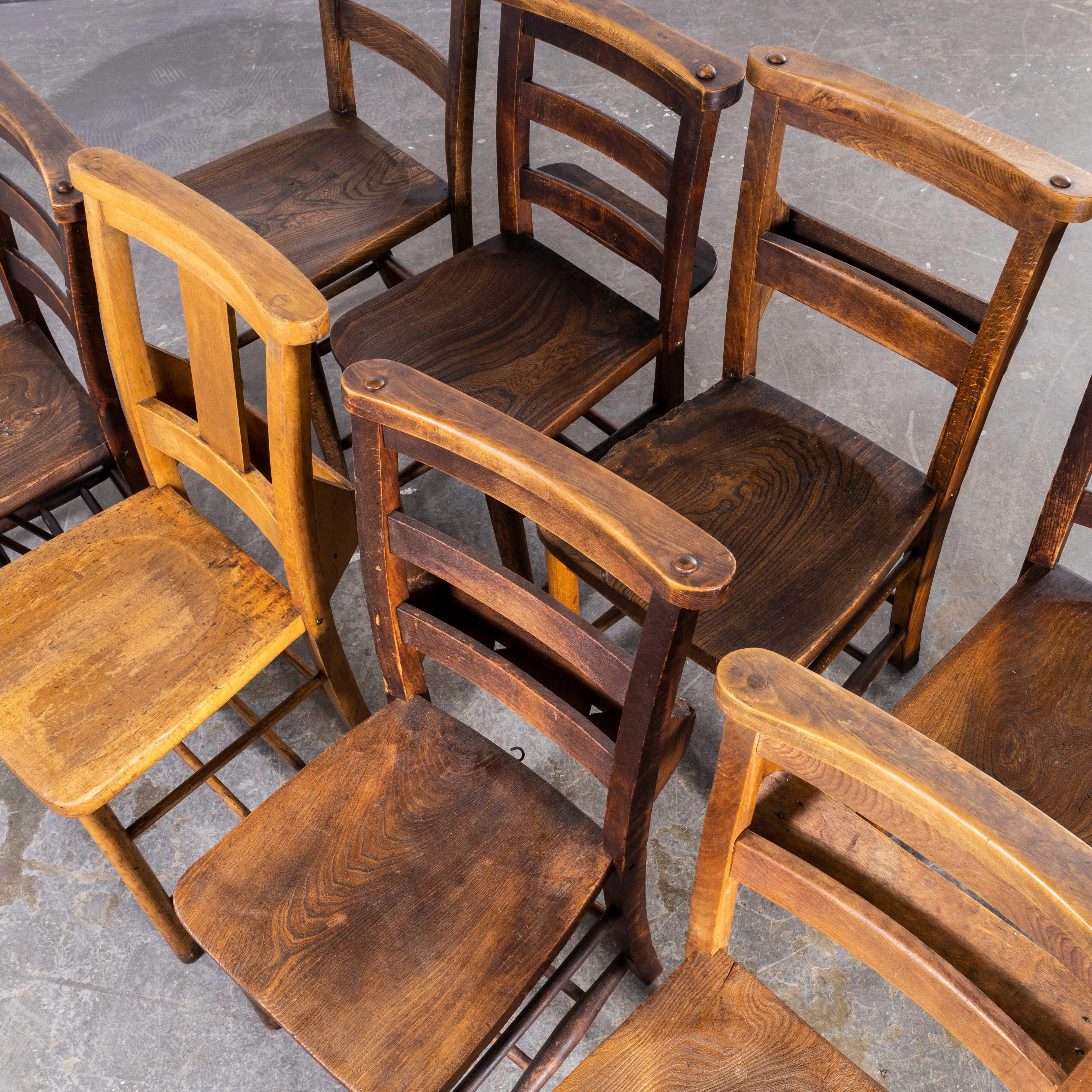 1960's Elm and Ash Church, Chapel Dining Chairs, Harlequin Set of Eight 3