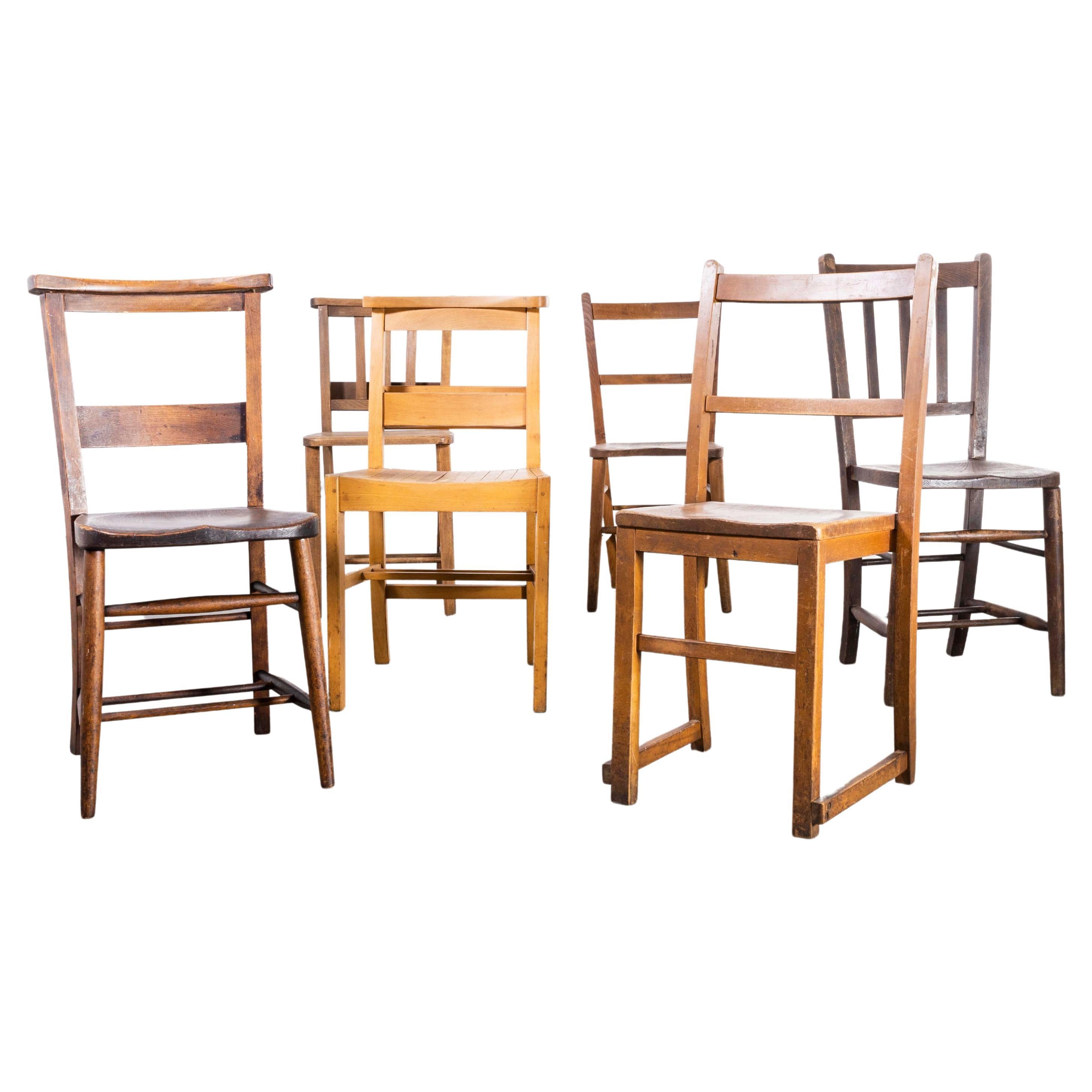 1960s Elm and Ash Church, Chapel Dining Chairs, Harlequin Set of Six