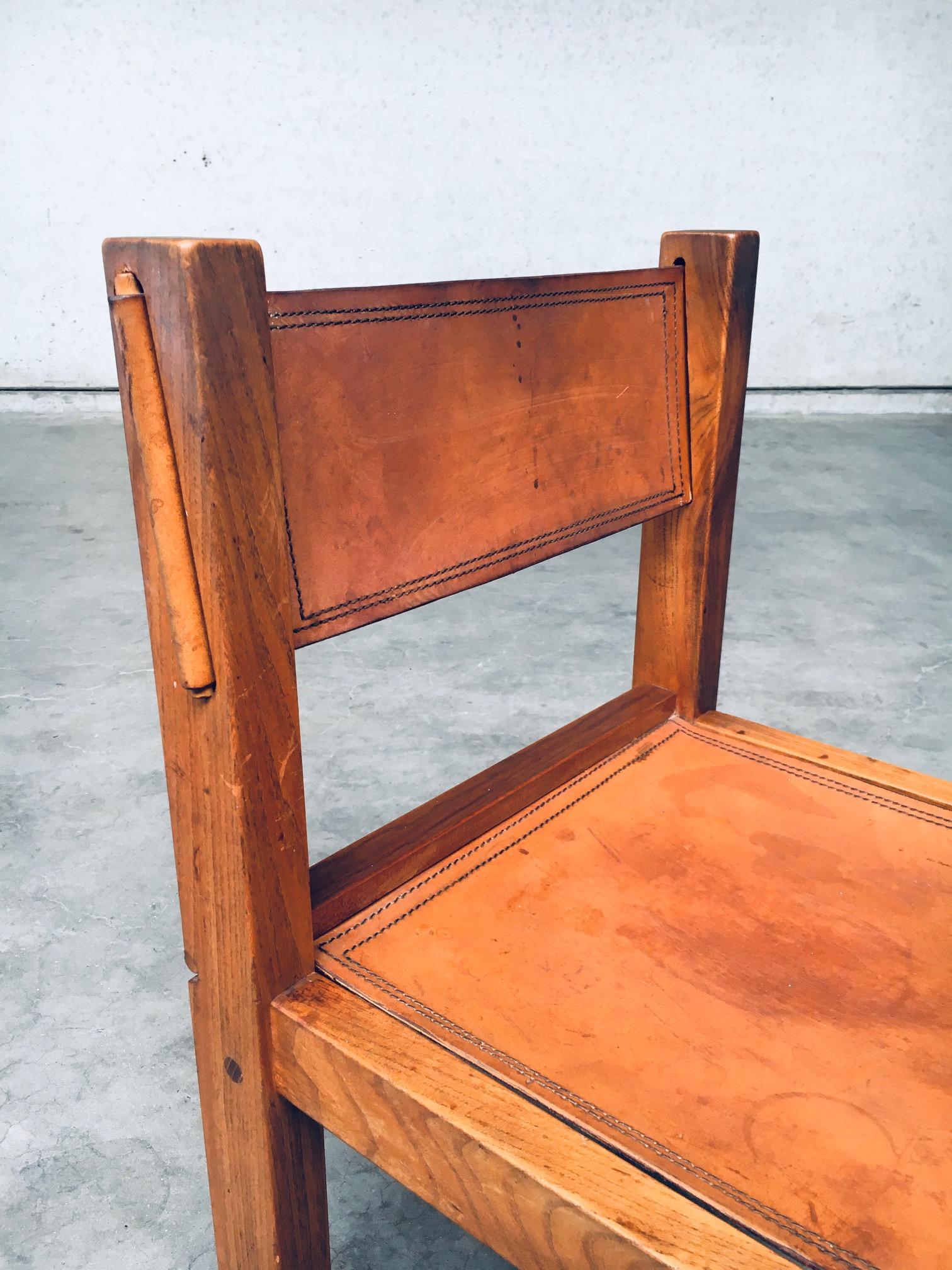 1960's Elm & Cognac Leather Dining room Chairs set in the manner of Pierre Chapo For Sale 8