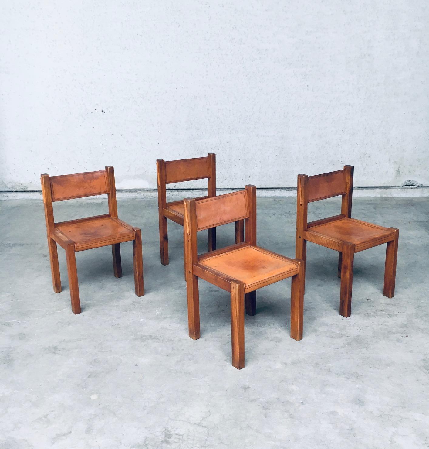 Vintage Midcentury Italian Design Elm & Cognac Leather Dining Room Chair set of 4. Designed in the style / manner of Pierre Chapo. Made in Italy, 1960's period. Impressive designed chairs with nice details on the construction. Elm wood frame with