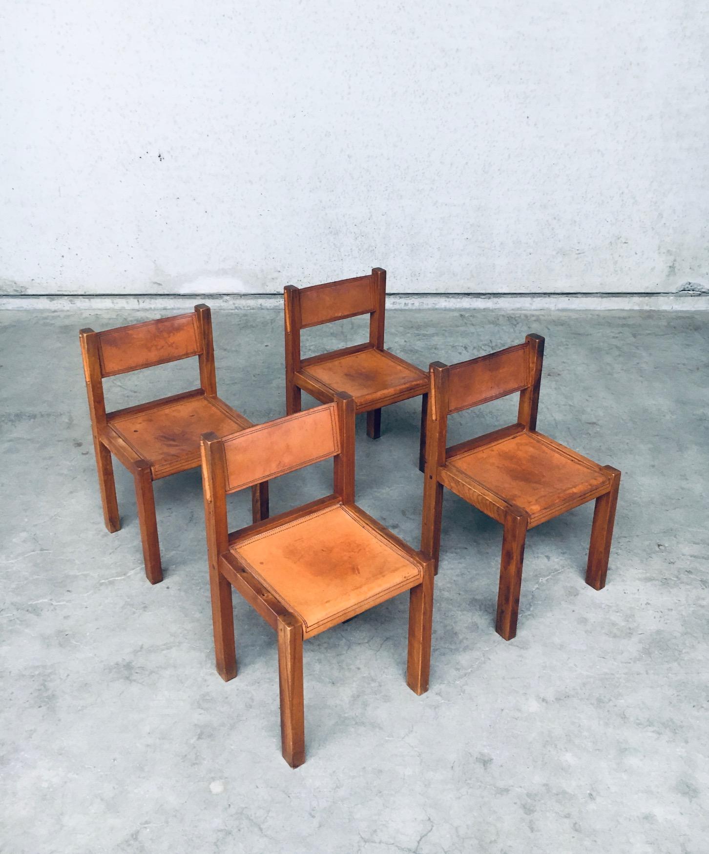 Mid-Century Modern 1960's Elm & Cognac Leather Dining room Chairs set in the manner of Pierre Chapo For Sale