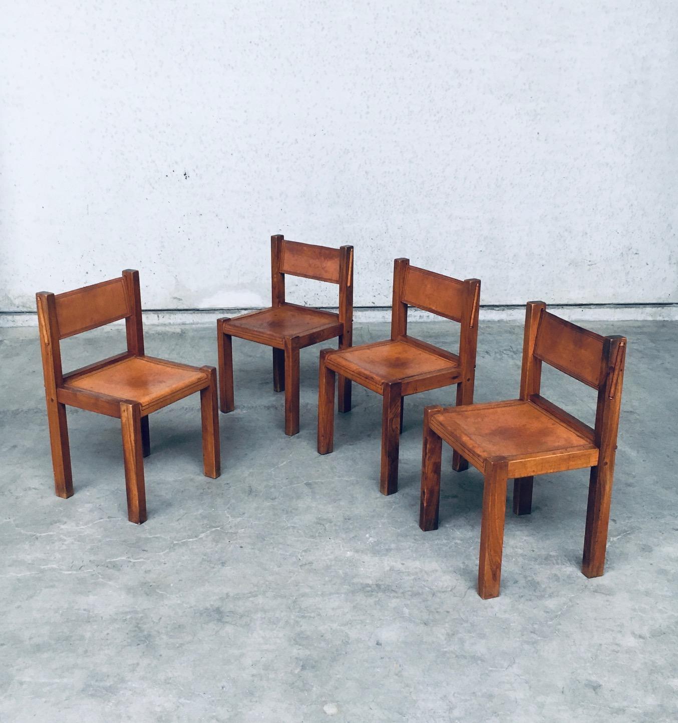 Italian 1960's Elm & Cognac Leather Dining room Chairs set in the manner of Pierre Chapo For Sale