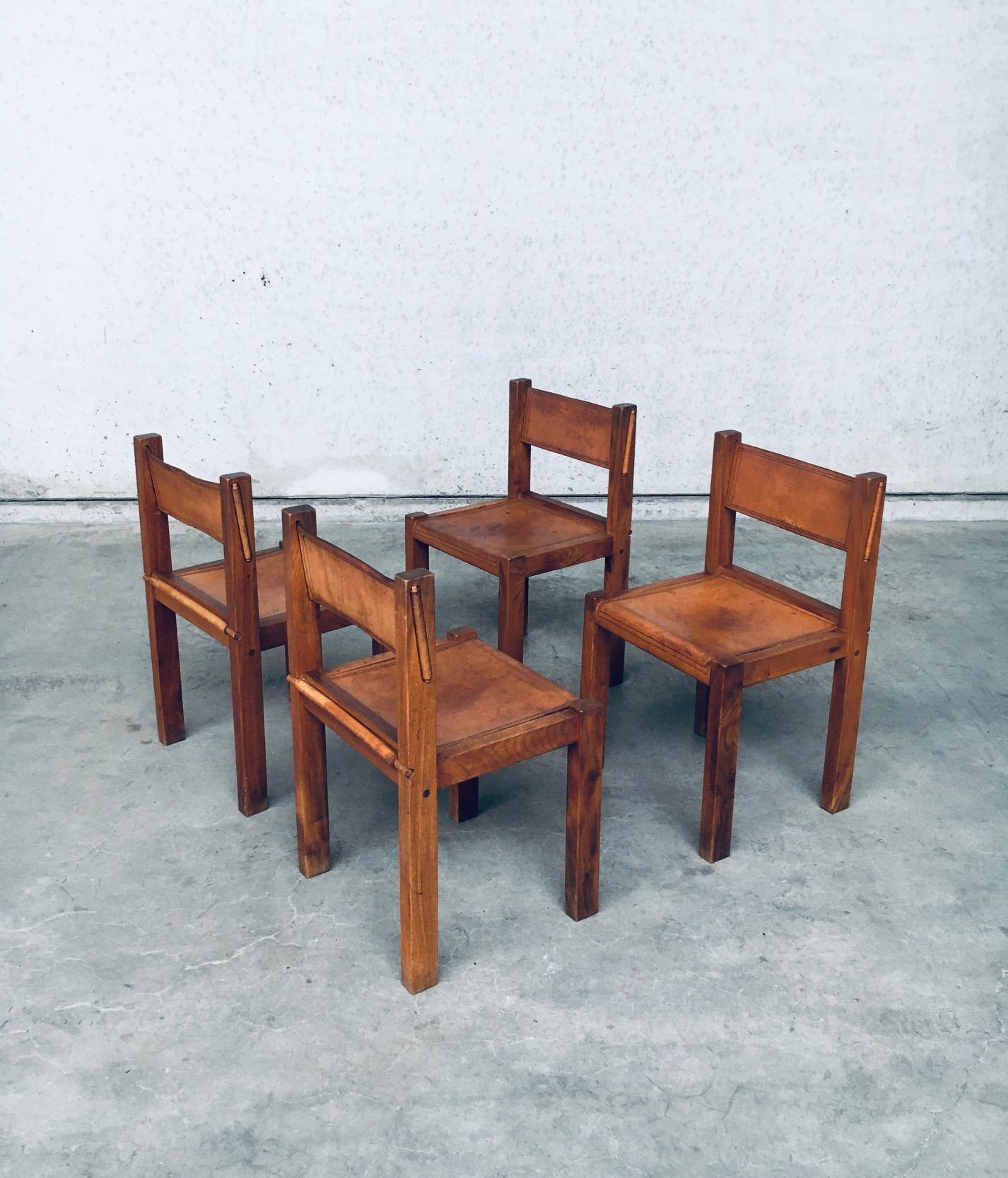 1960's Ulme & Cognac Leder Esszimmer Stühle in der Art von Pierre Chapo gesetzt im Zustand „Relativ gut“ im Angebot in Oud-Turnhout, VAN
