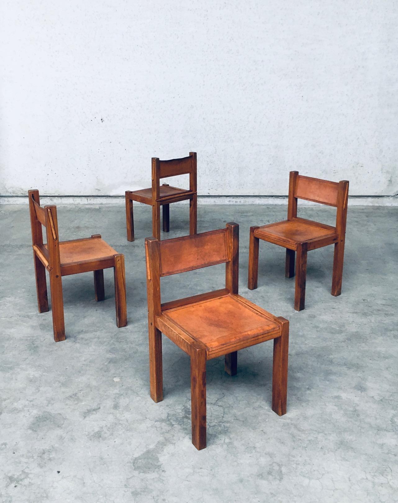 Mid-20th Century 1960's Elm & Cognac Leather Dining room Chairs set in the manner of Pierre Chapo For Sale