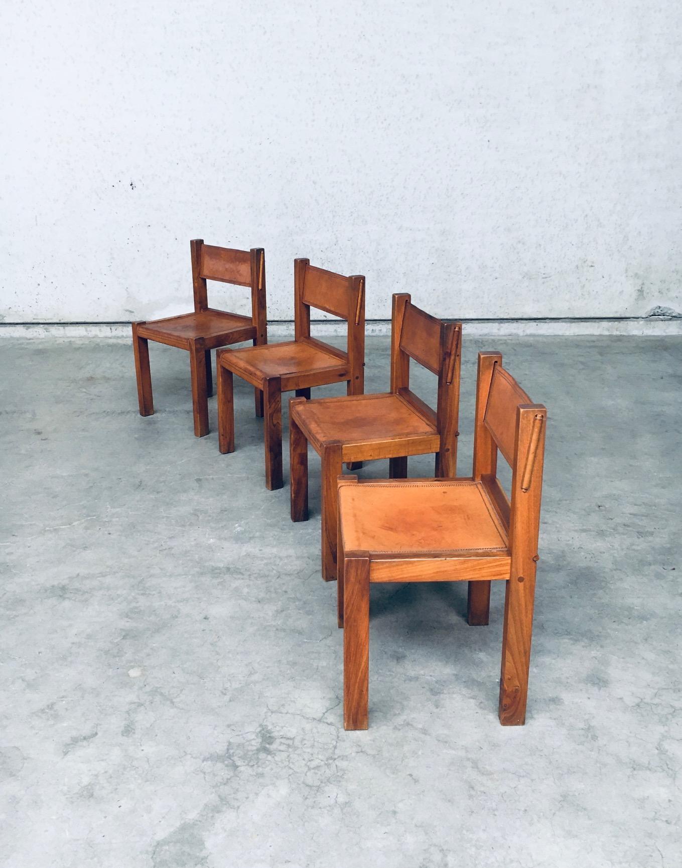 1960's Elm & Cognac Leather Dining room Chairs set in the manner of Pierre Chapo For Sale 1