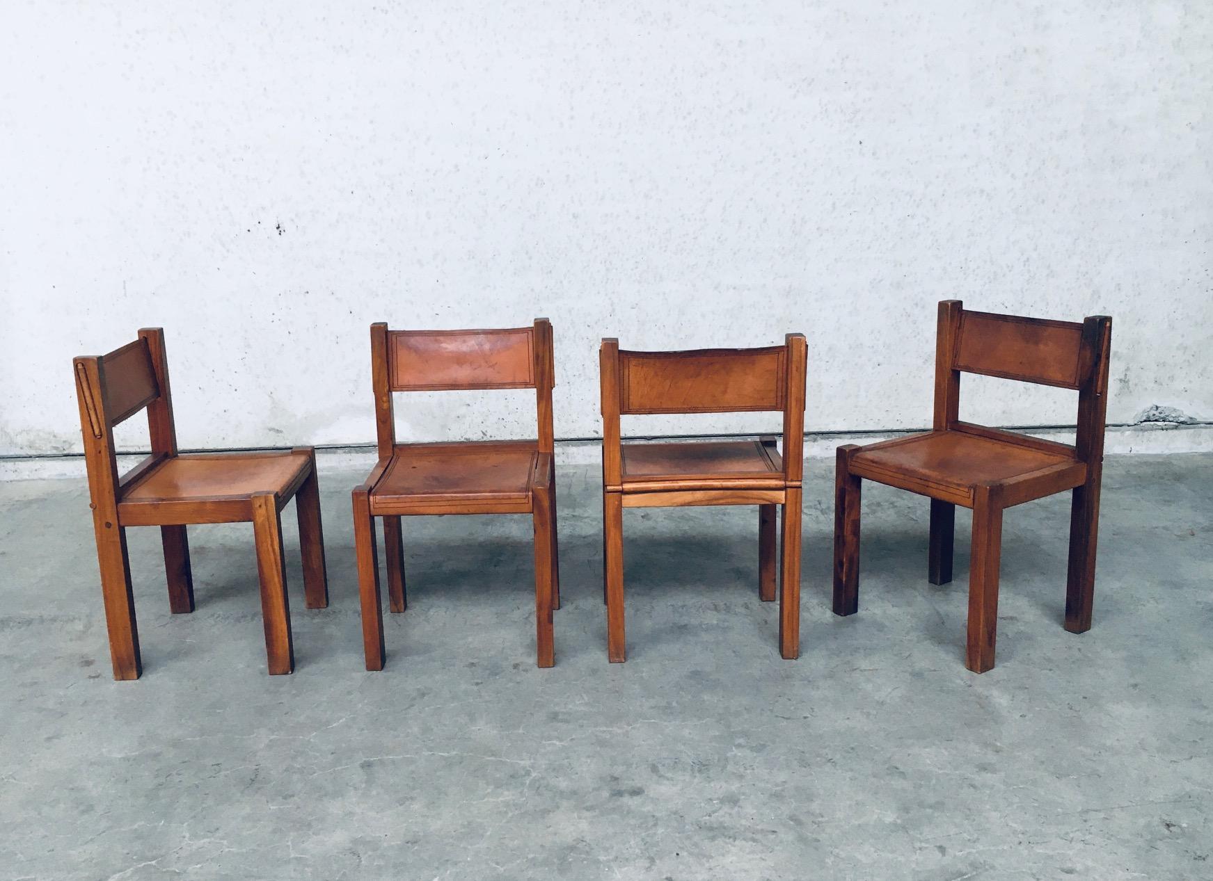 Ensemble de chaises de salle à manger des années 1960 en orme et cuir cognac à la manière de Pierre Chapo en vente 1