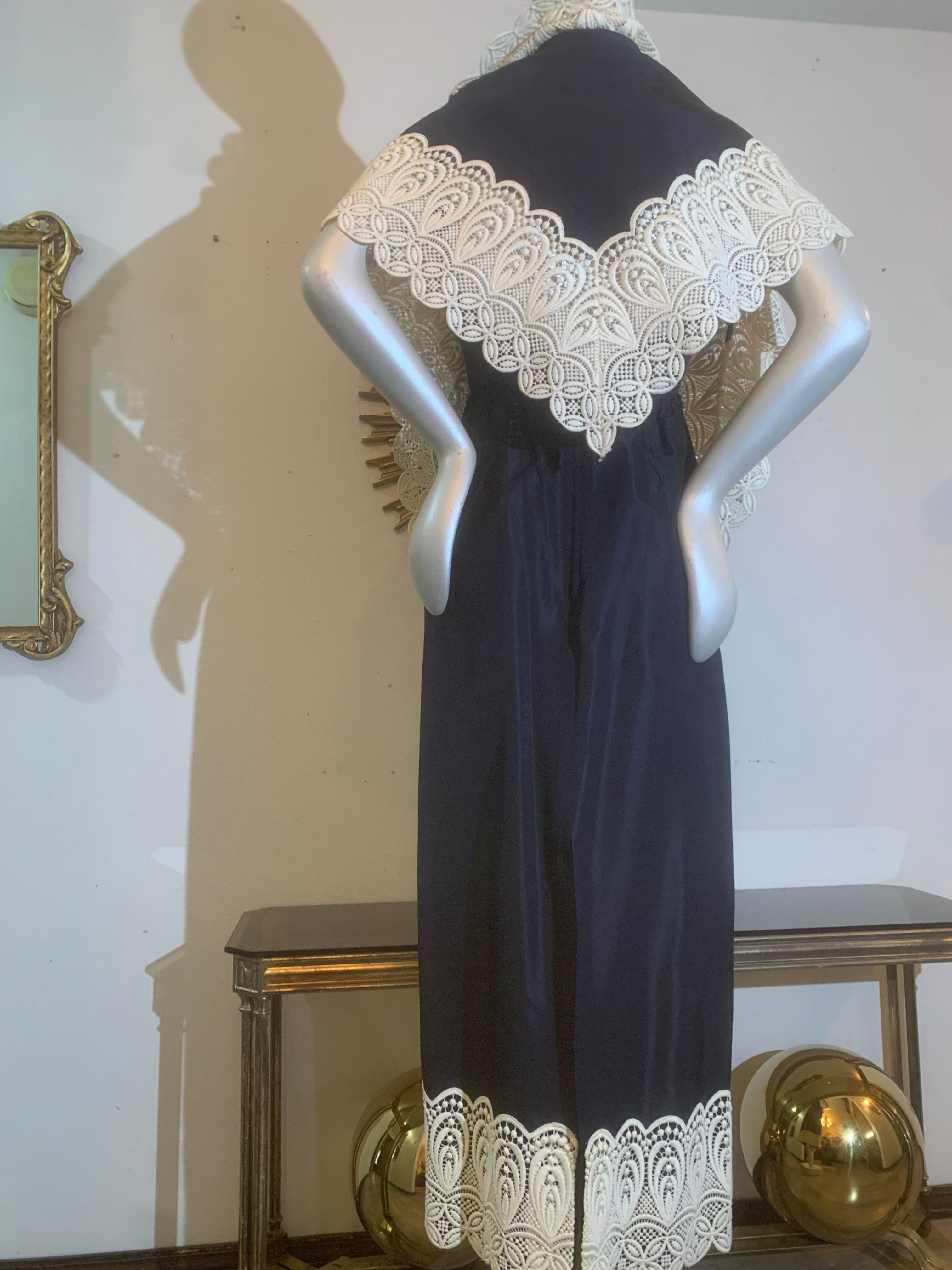 1960s Eloise Curtis Navy Blue Silk Halter Backless Dress w Lace Trim & Shawl For Sale 6