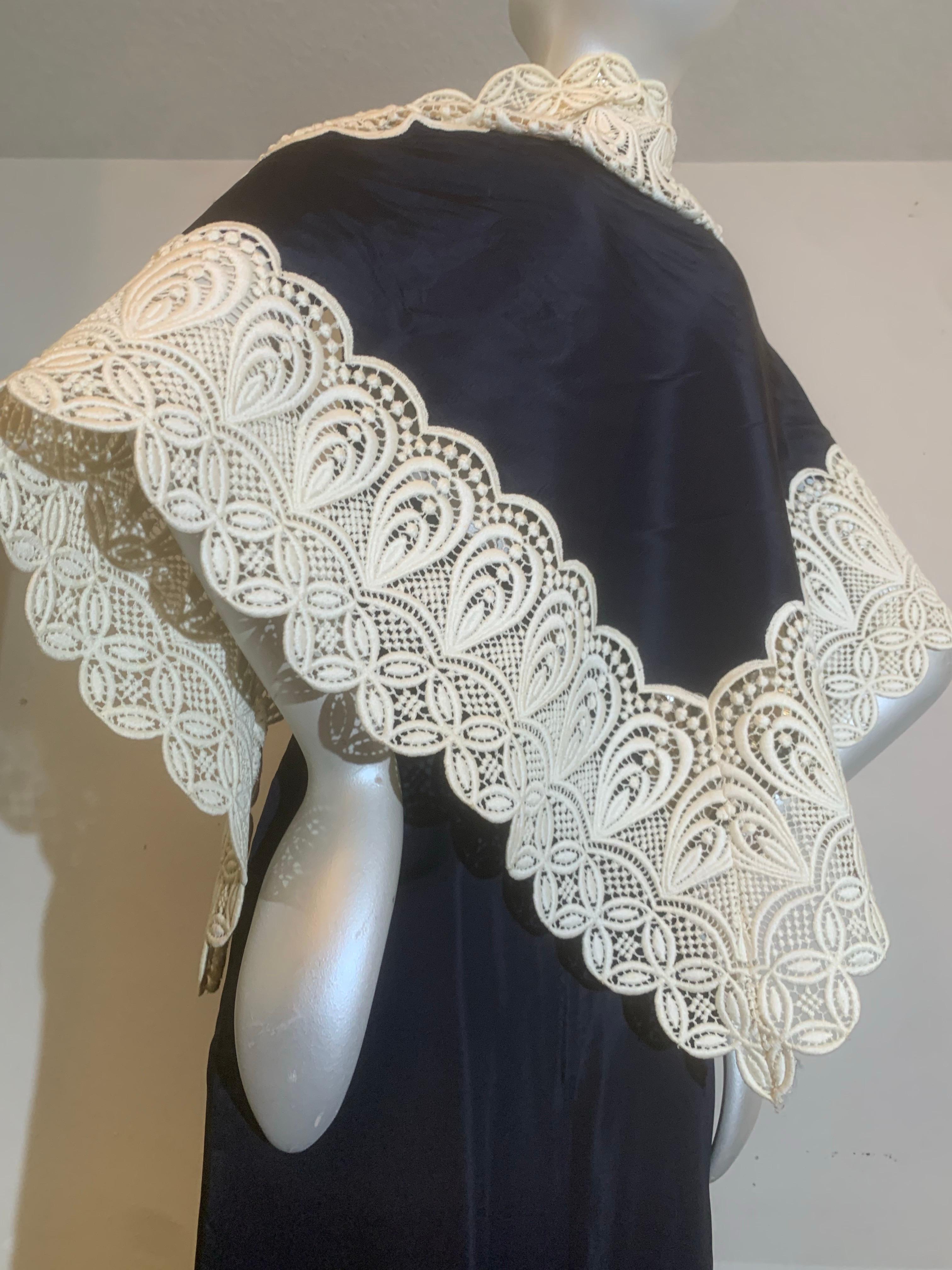 1960s Eloise Curtis Navy Blue Silk Halter Backless Dress w Lace Trim & Shawl For Sale 8