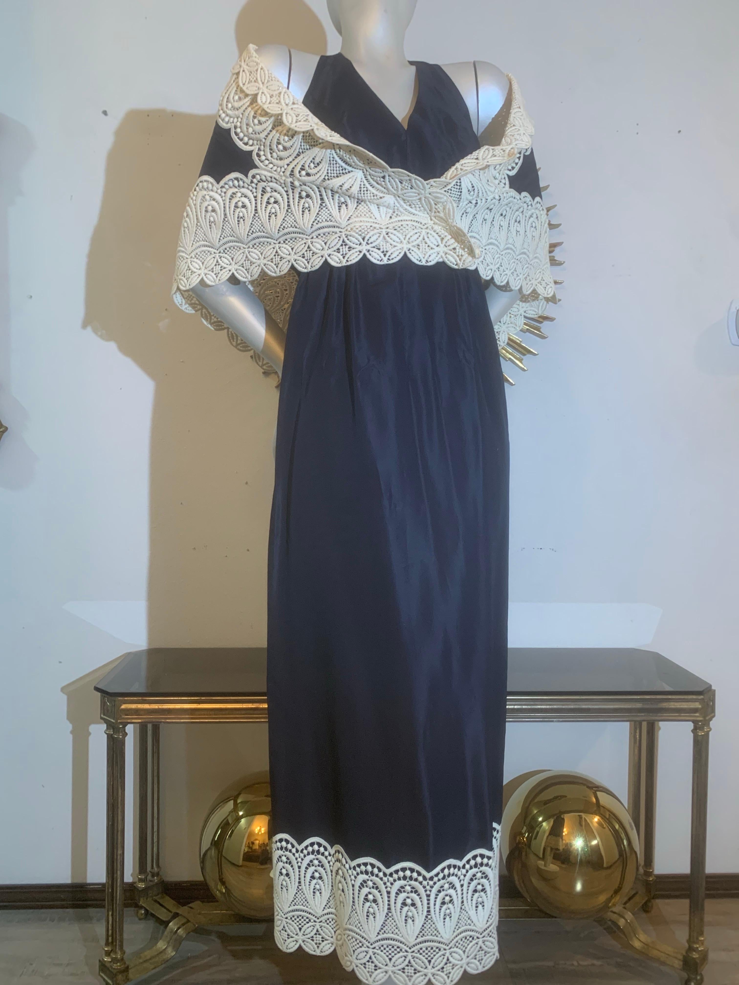 1960s Eloise Curtis Navy Blue Silk Halter Backless Dress w Lace Trim & Shawl:  Eloise Curtis for Happenstance.  This 2-piece silk sharkskin maxi and shawl in deep navy blue has a beautiful sheen and movement to it. With halter neckline, Empire waist