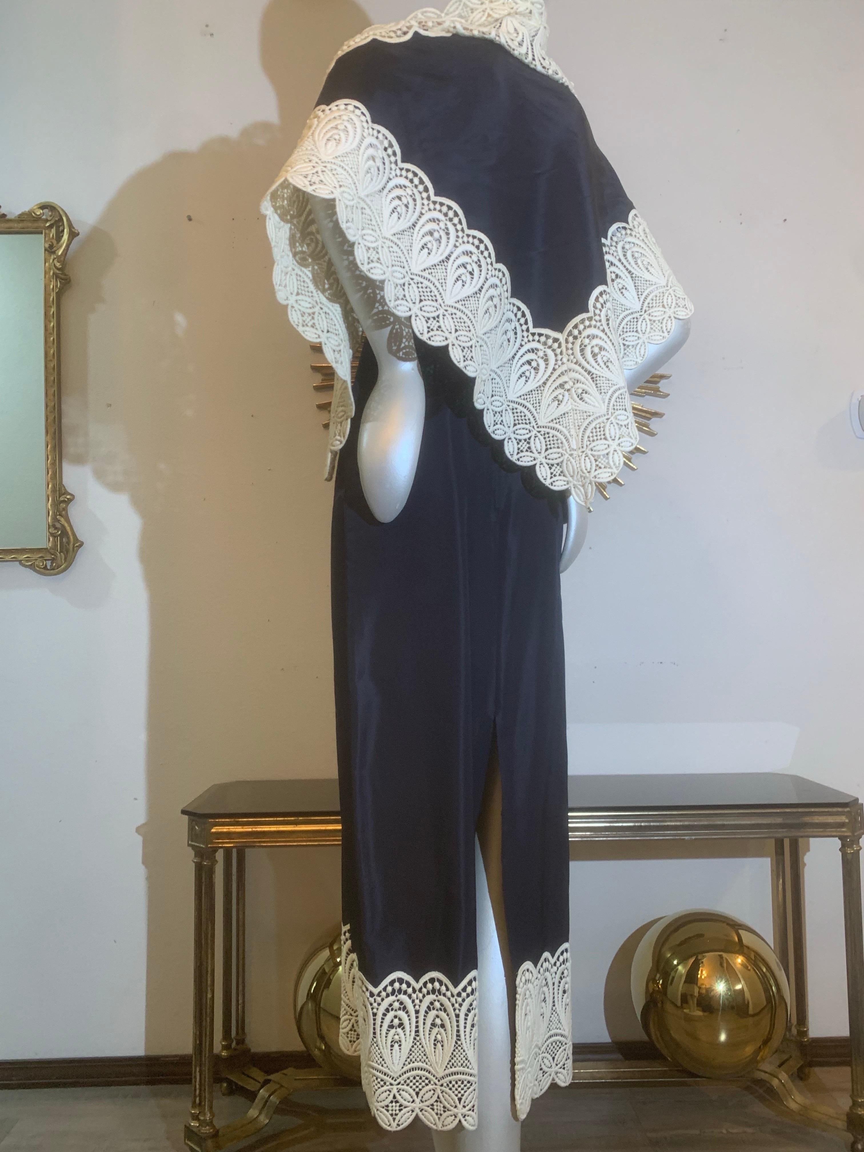 Black 1960s Eloise Curtis Navy Blue Silk Halter Backless Dress w Lace Trim & Shawl For Sale