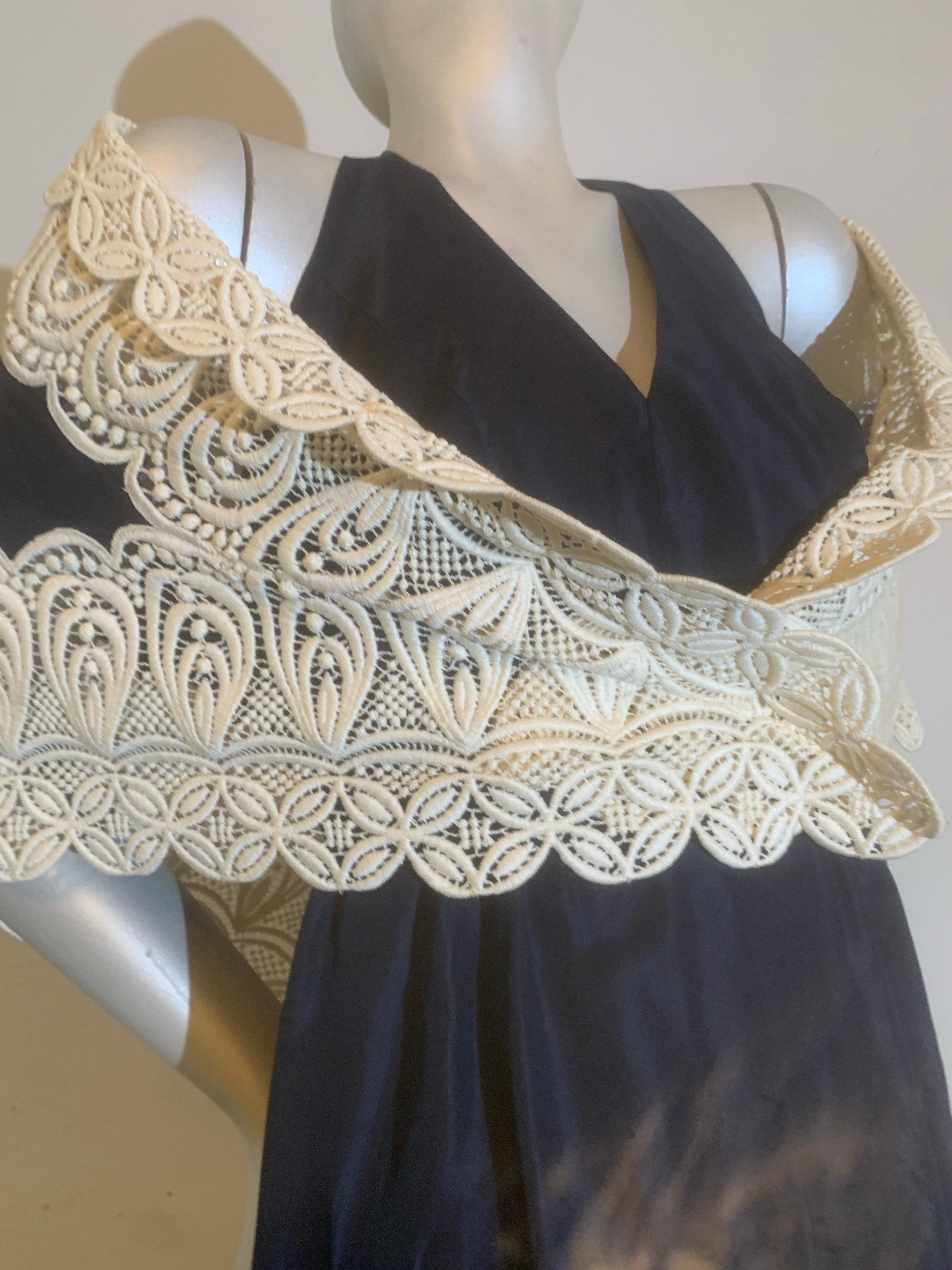 1960s Eloise Curtis Navy Blue Silk Halter Backless Dress w Lace Trim & Shawl In Excellent Condition For Sale In Gresham, OR