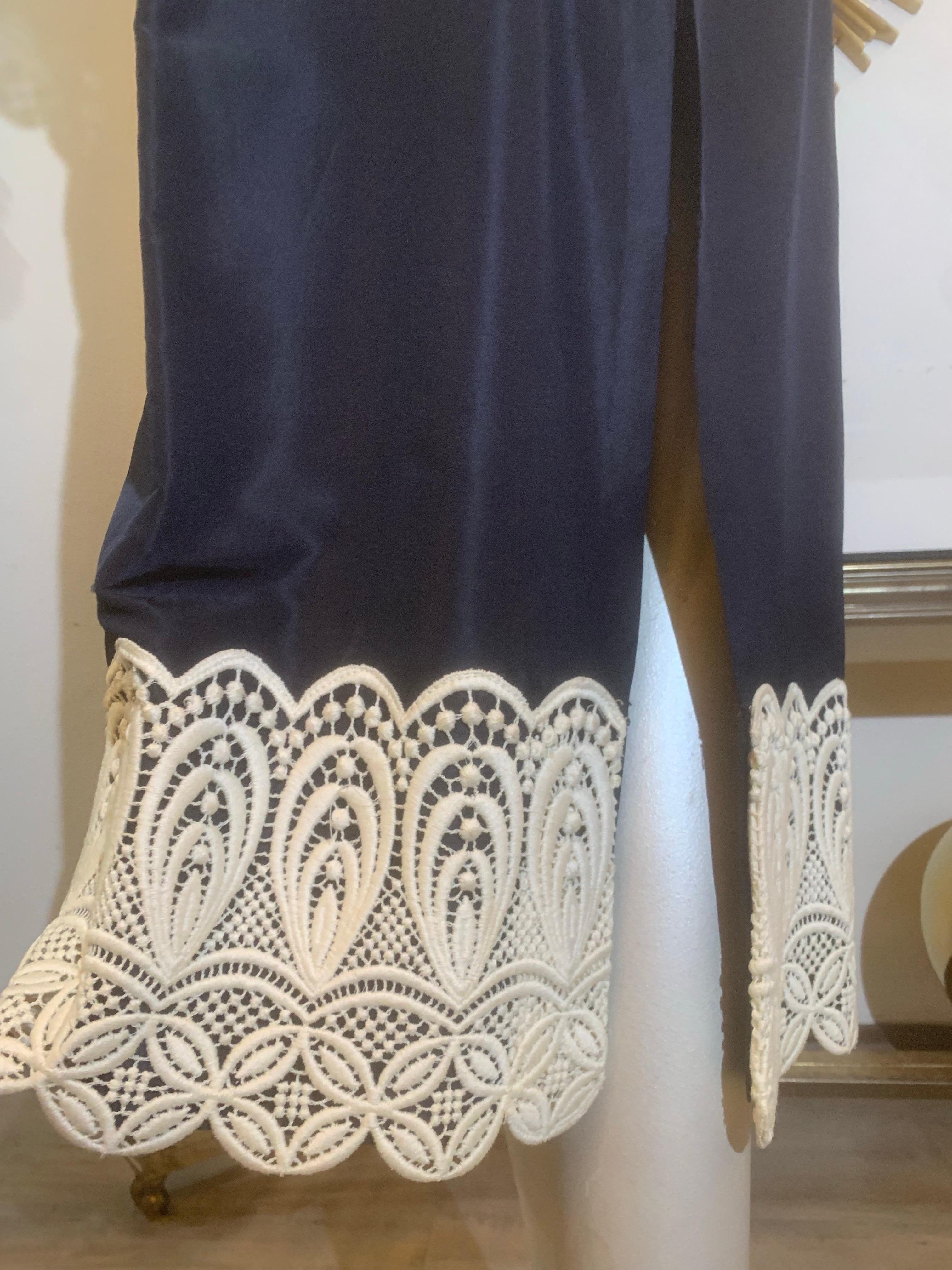 Women's 1960s Eloise Curtis Navy Blue Silk Halter Backless Dress w Lace Trim & Shawl For Sale