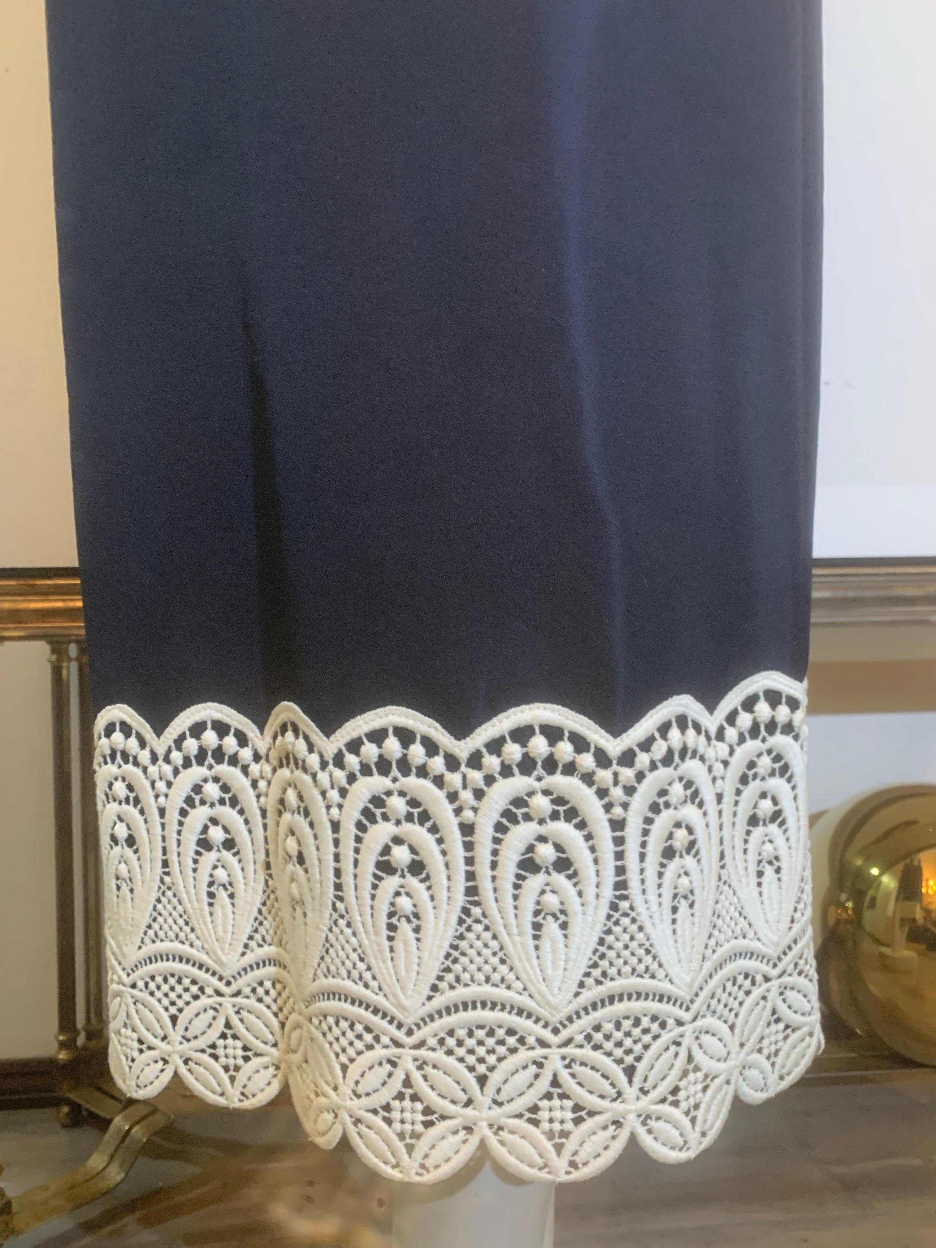 1960s Eloise Curtis Navy Blue Silk Halter Backless Dress w Lace Trim & Shawl For Sale 1