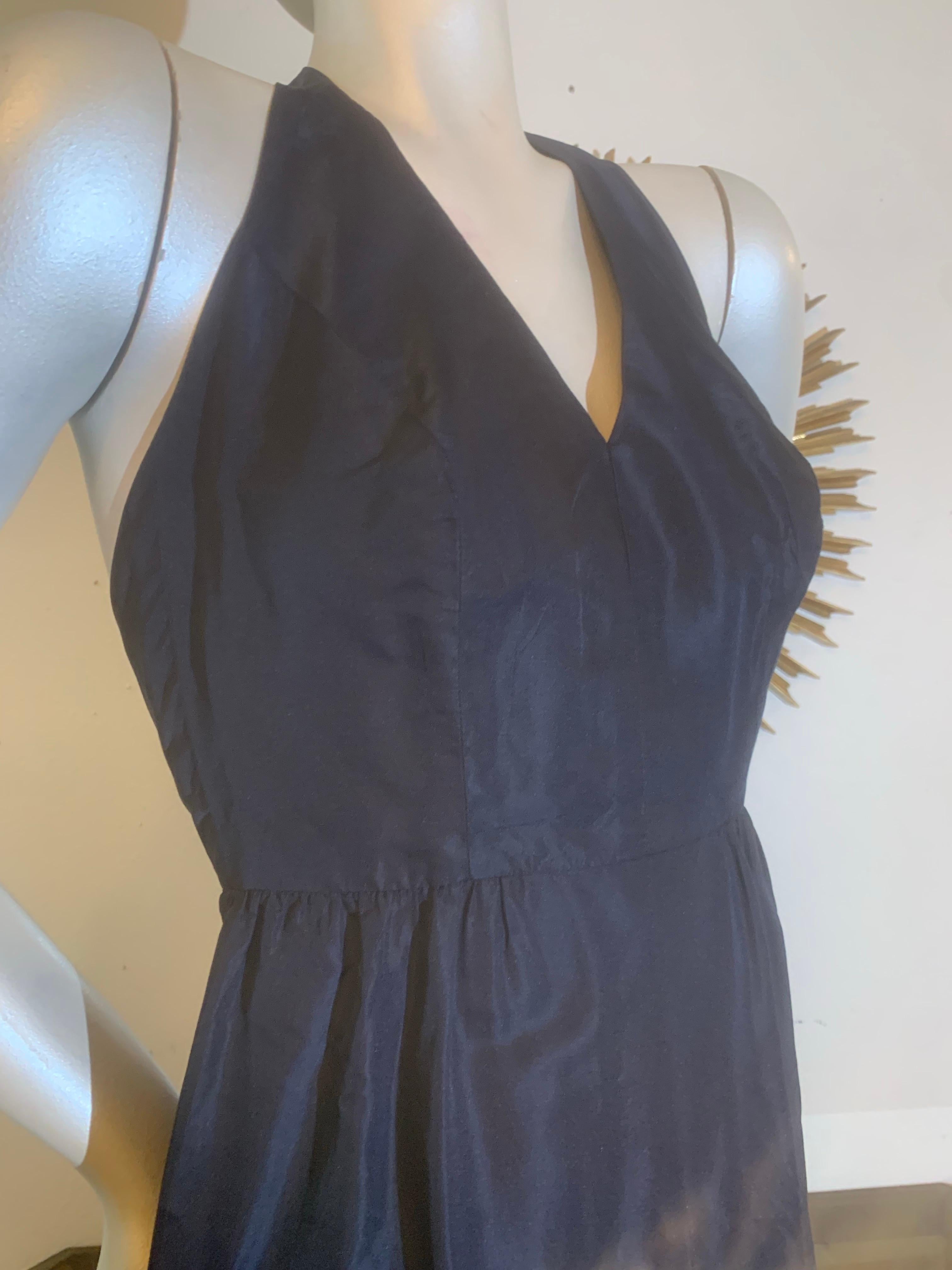 1960s Eloise Curtis Navy Blue Silk Halter Backless Dress w Lace Trim & Shawl For Sale 2