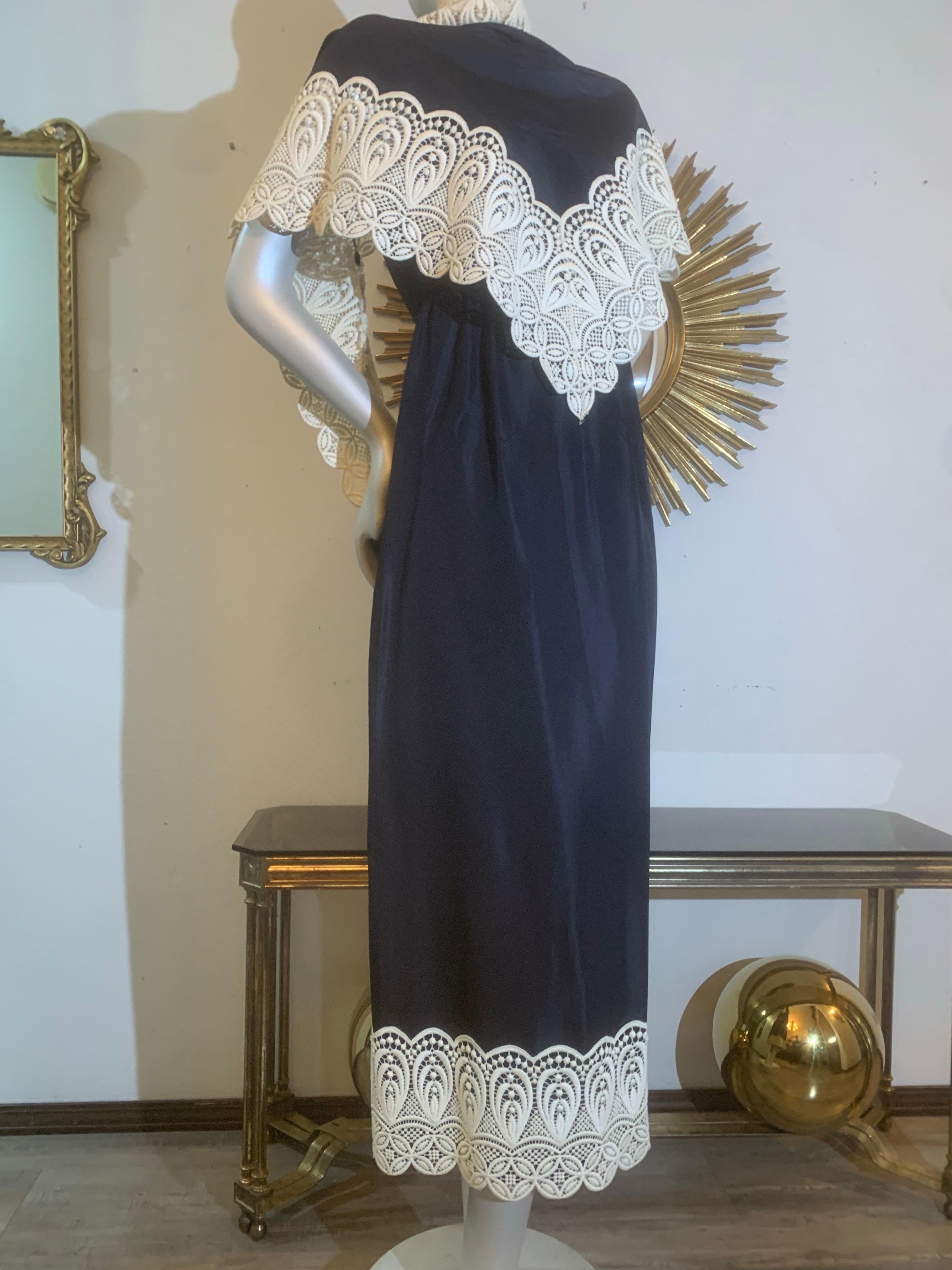 1960s Eloise Curtis Navy Blue Silk Halter Backless Dress w Lace Trim & Shawl For Sale 4