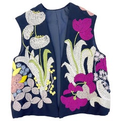 1960s Embroidered Colorful Flowers Mod Black Vintage 60s Cropped Vest Top