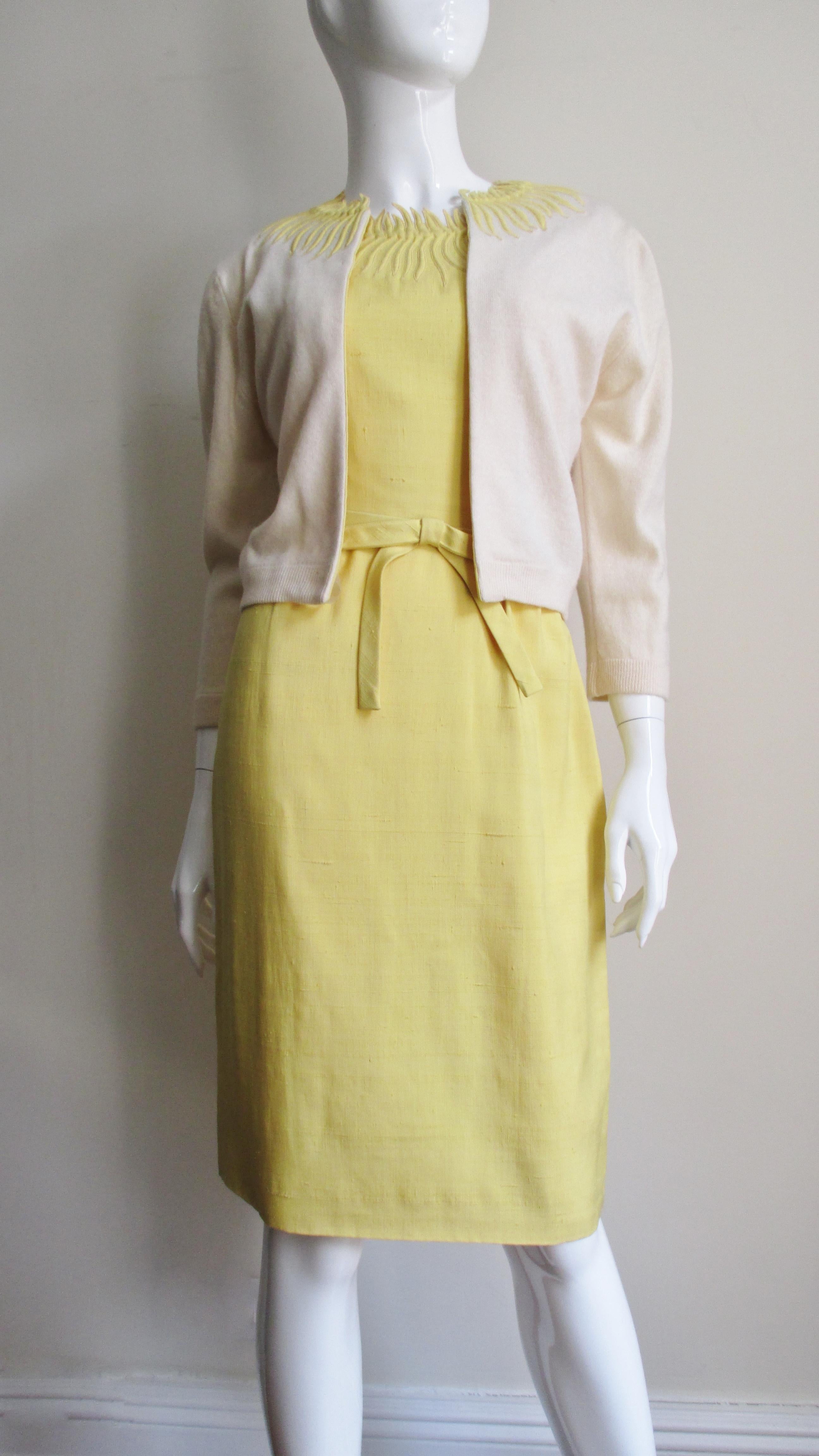 1950s Waldorf Astoria Boutique Embroidered Linen Dress and Cashmere Sweater Set 1