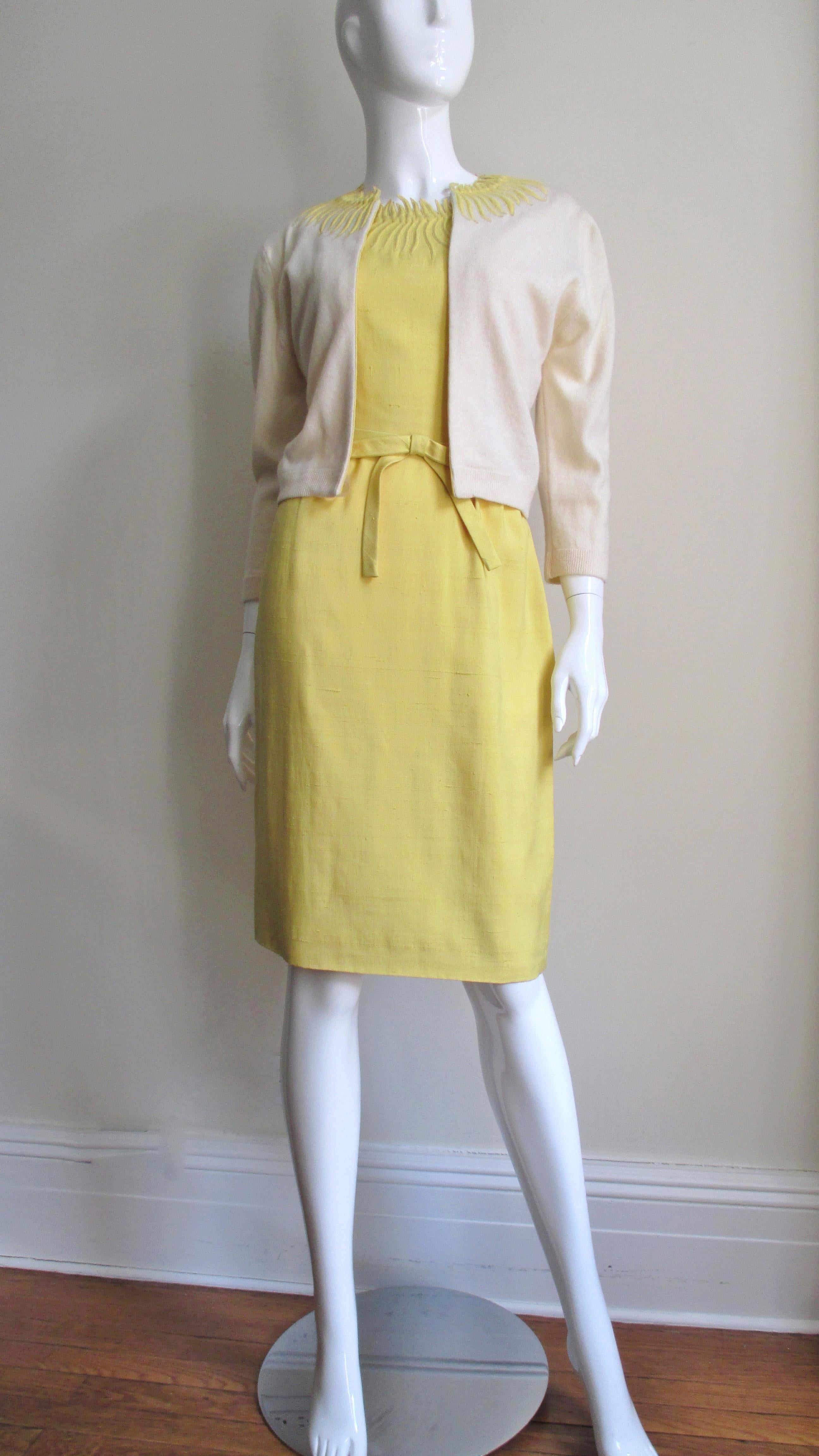 1950s Waldorf Astoria Boutique Embroidered Linen Dress and Cashmere Sweater Set 2