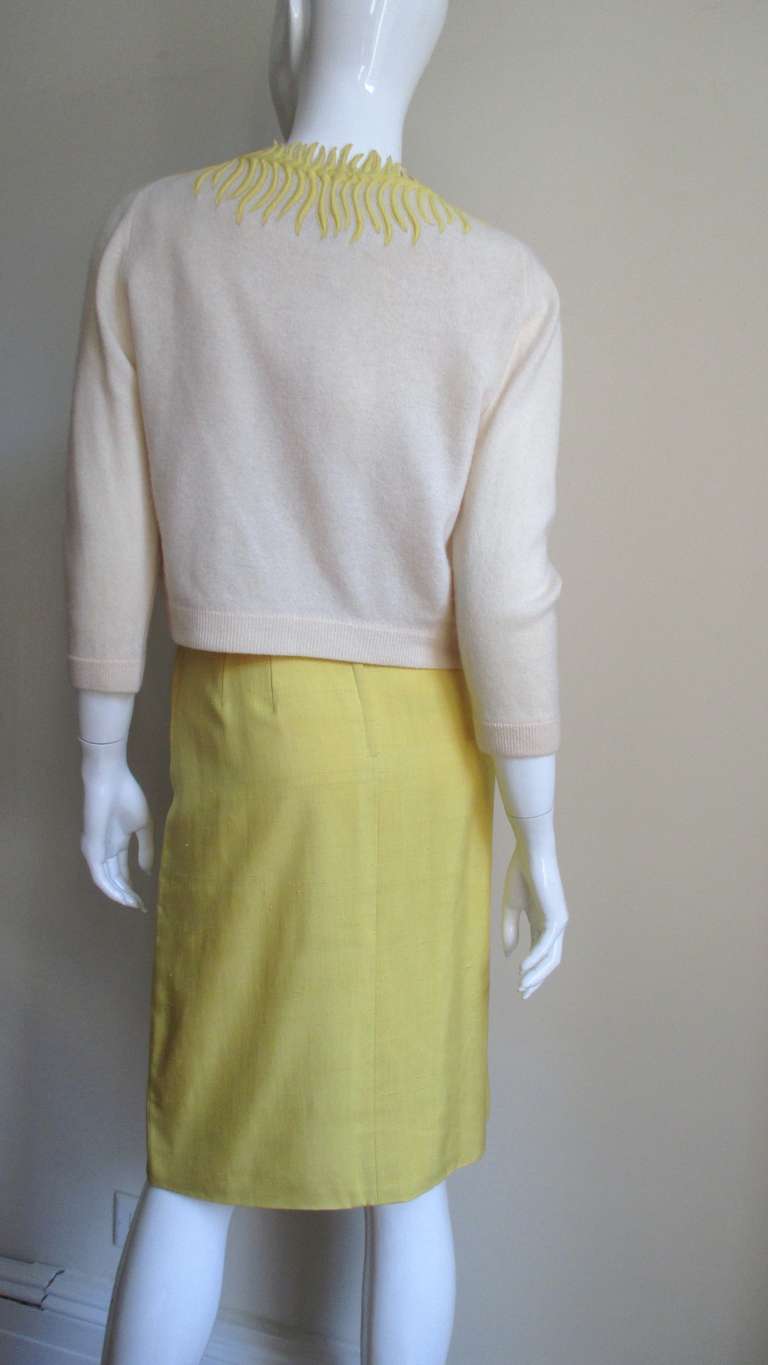1950s Waldorf Astoria Boutique Embroidered Linen Dress and Cashmere Sweater Set 5