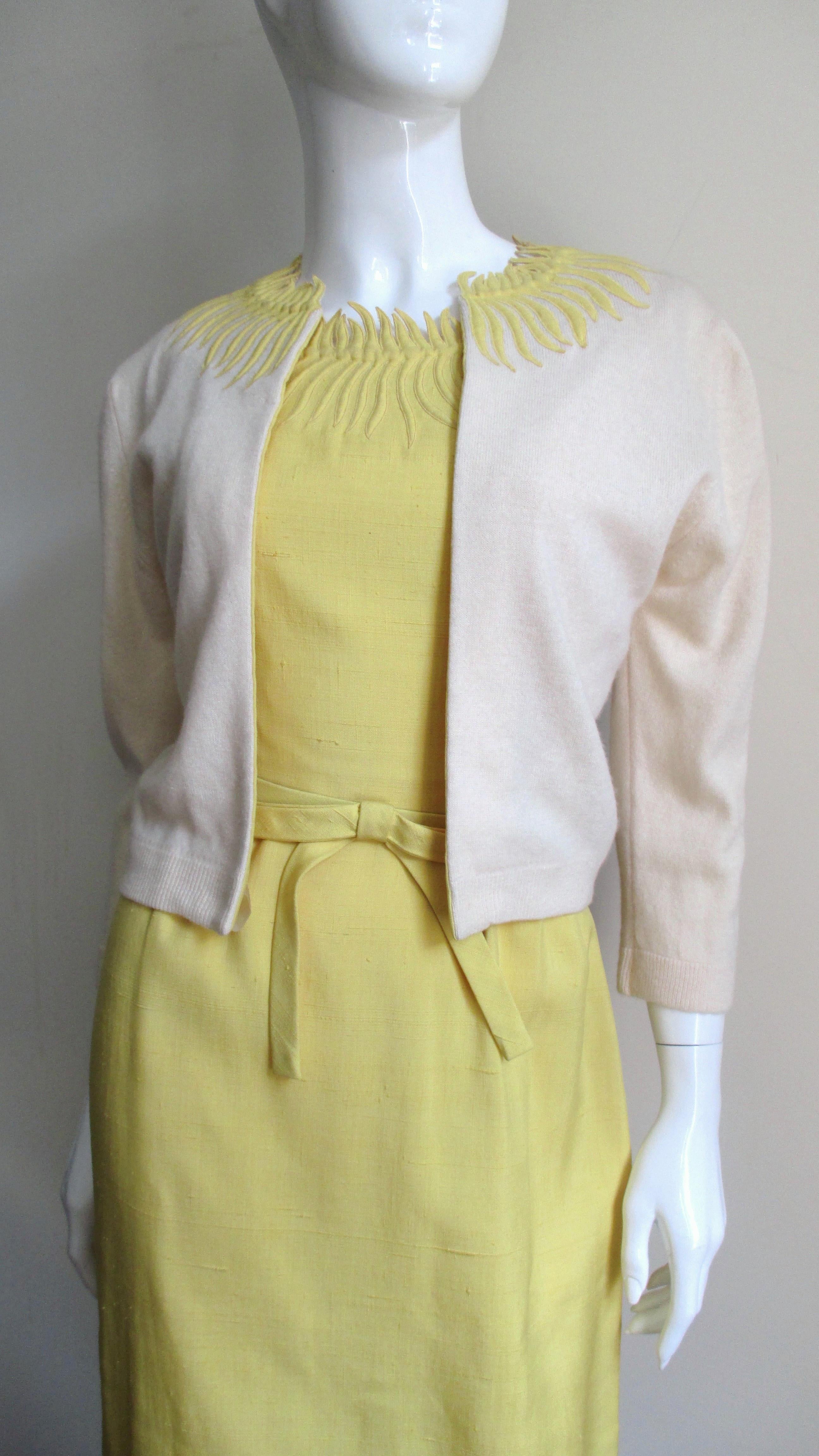 Beige 1950s Waldorf Astoria Boutique Embroidered Linen Dress and Cashmere Sweater Set