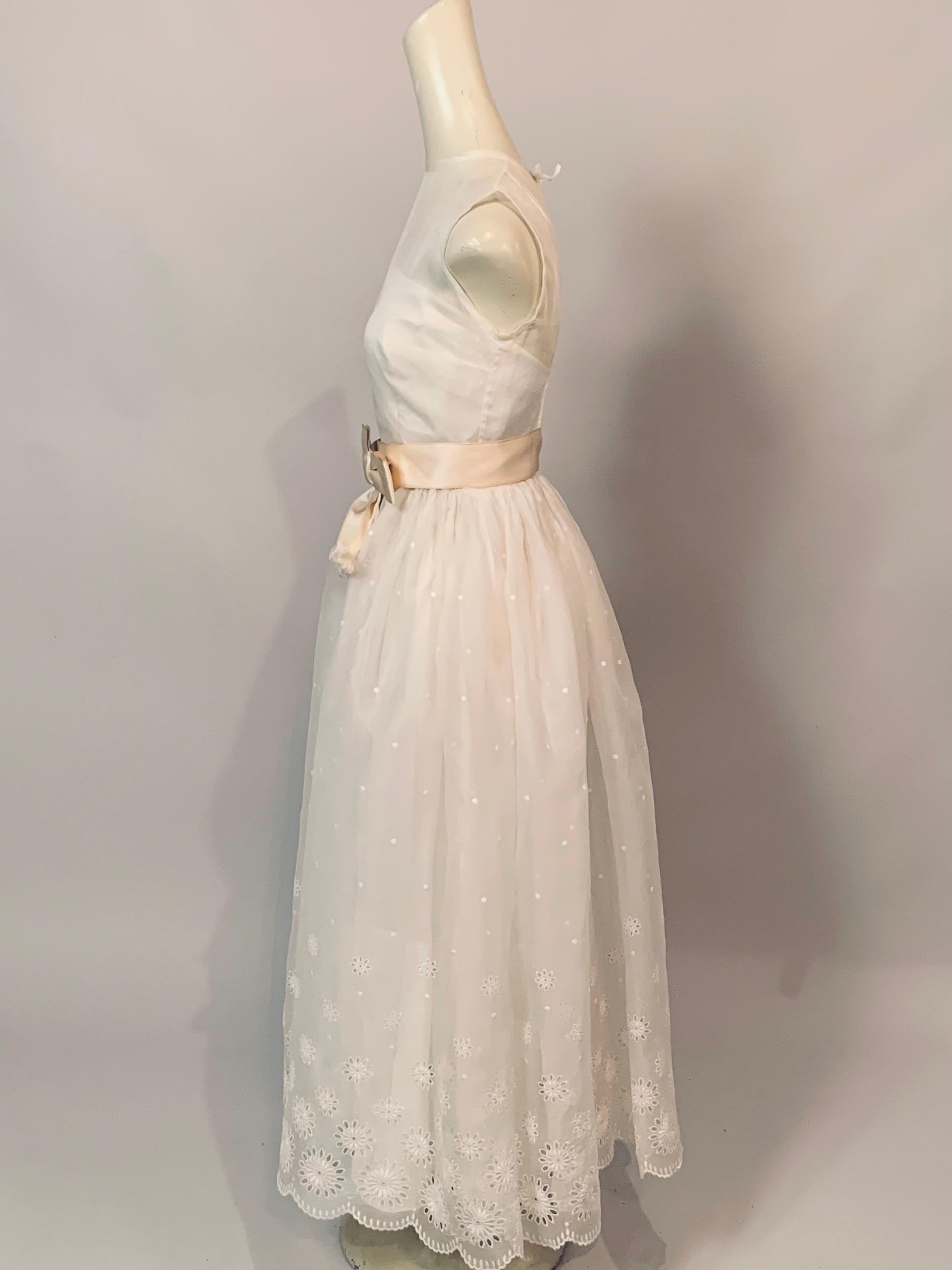 1960's Embroidered White Silk Organza Strapless Evening Gown or Wedding Dress For Sale 2