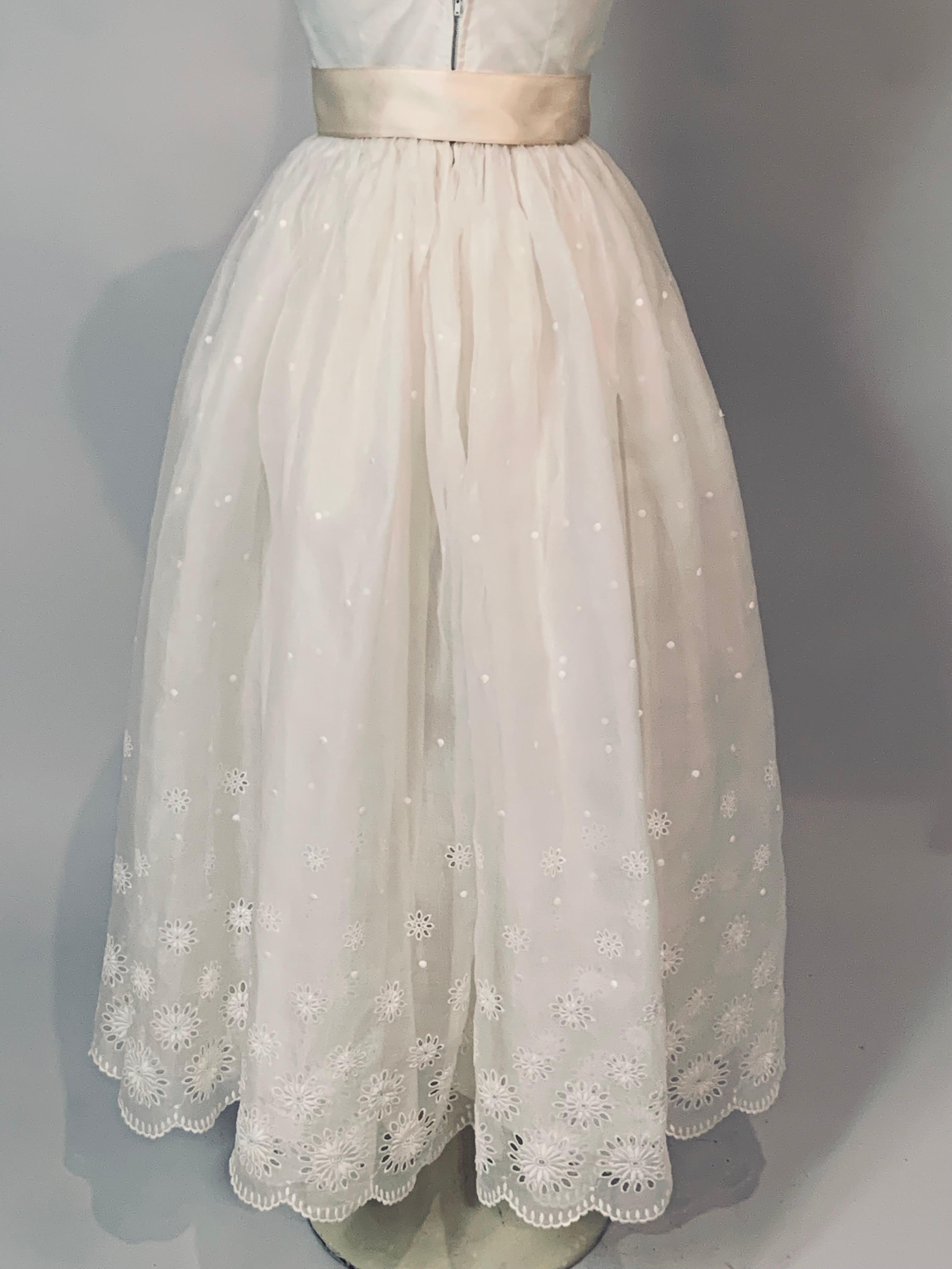 1960's Embroidered White Silk Organza Strapless Evening Gown or Wedding Dress For Sale 5