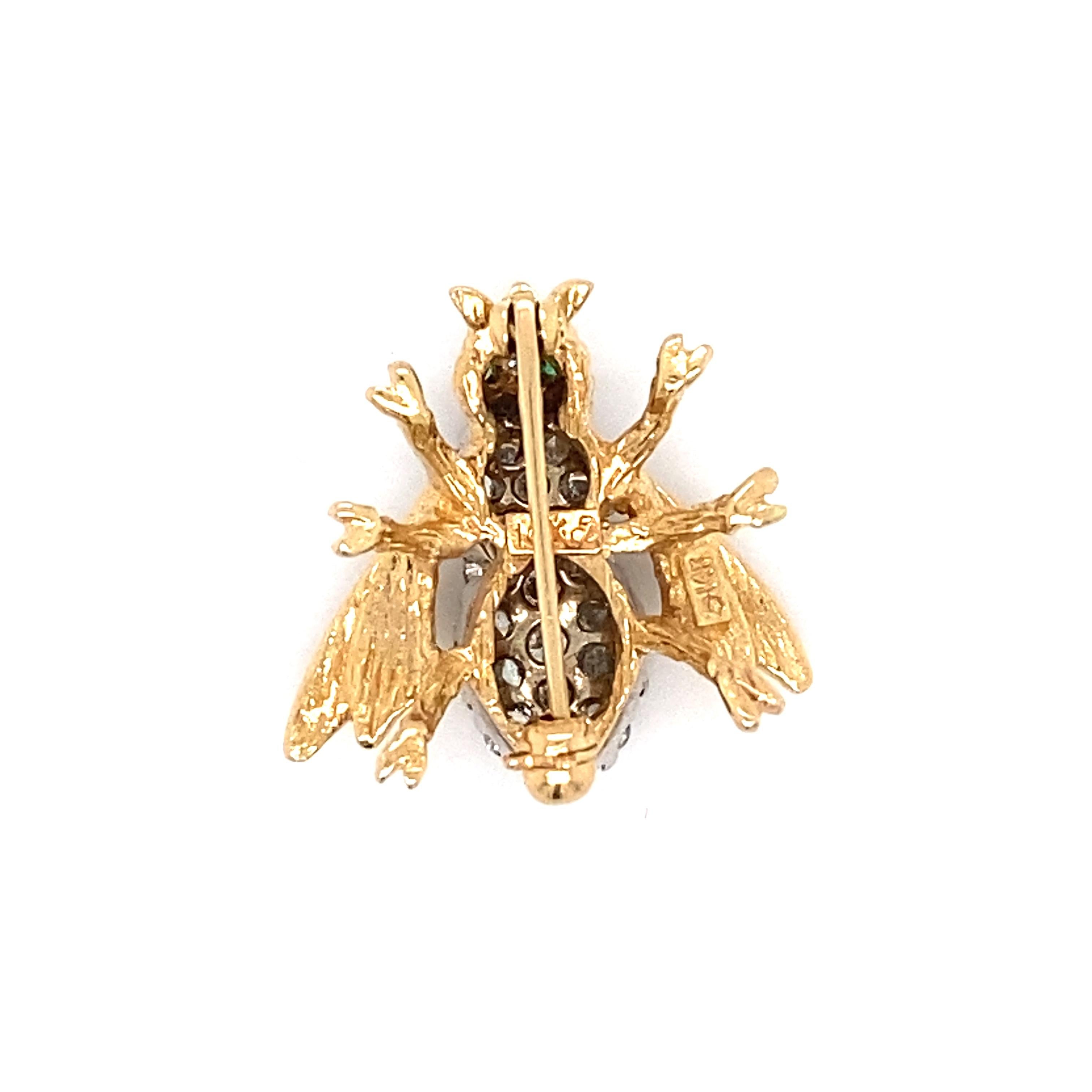 Item Details: This charming vintage bee pin has diamond accents and emerald eyes.

Circa: 1960s
Metal Type: 14 Karat Yellow Gold

Diamond Details:

Carat: 0.40 carat total weight
Shape: Round brilliant
Color: G-H
Clarity: VS