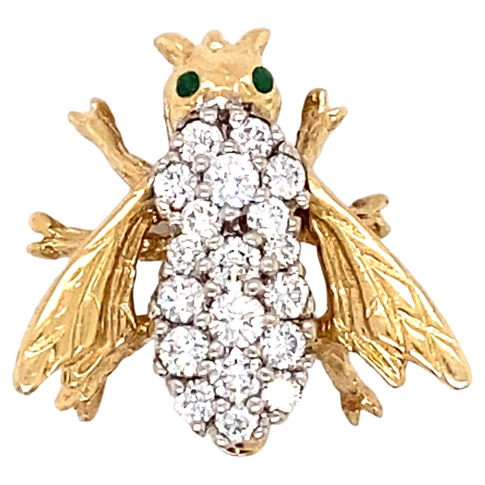 1960s Emerald and Diamond Bee Pin in 14 Karat Gold For Sale