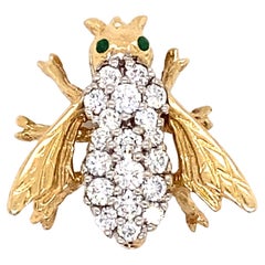 Antique 1960s Emerald and Diamond Bee Pin in 14 Karat Gold