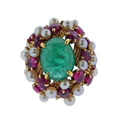 1960s Emerald Cabochon Ruby Pearl Gold Cocktail Ring