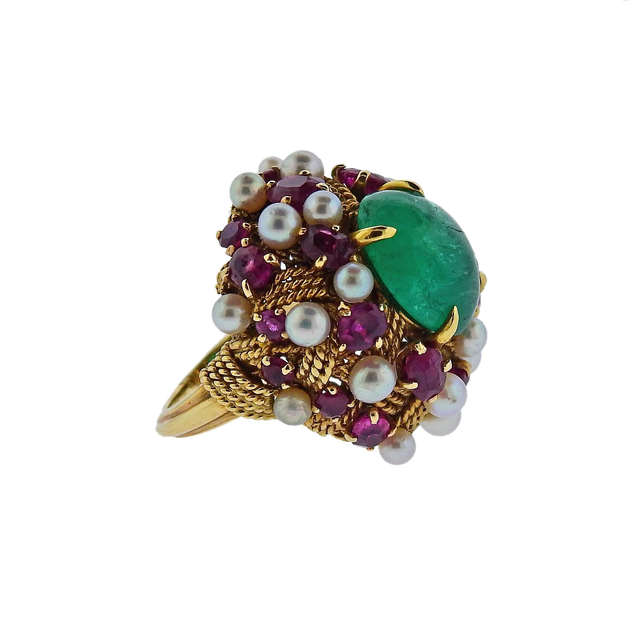 1960s Emerald Cabochon Ruby Pearl Gold Cocktail Ring In Excellent Condition In Lambertville, NJ
