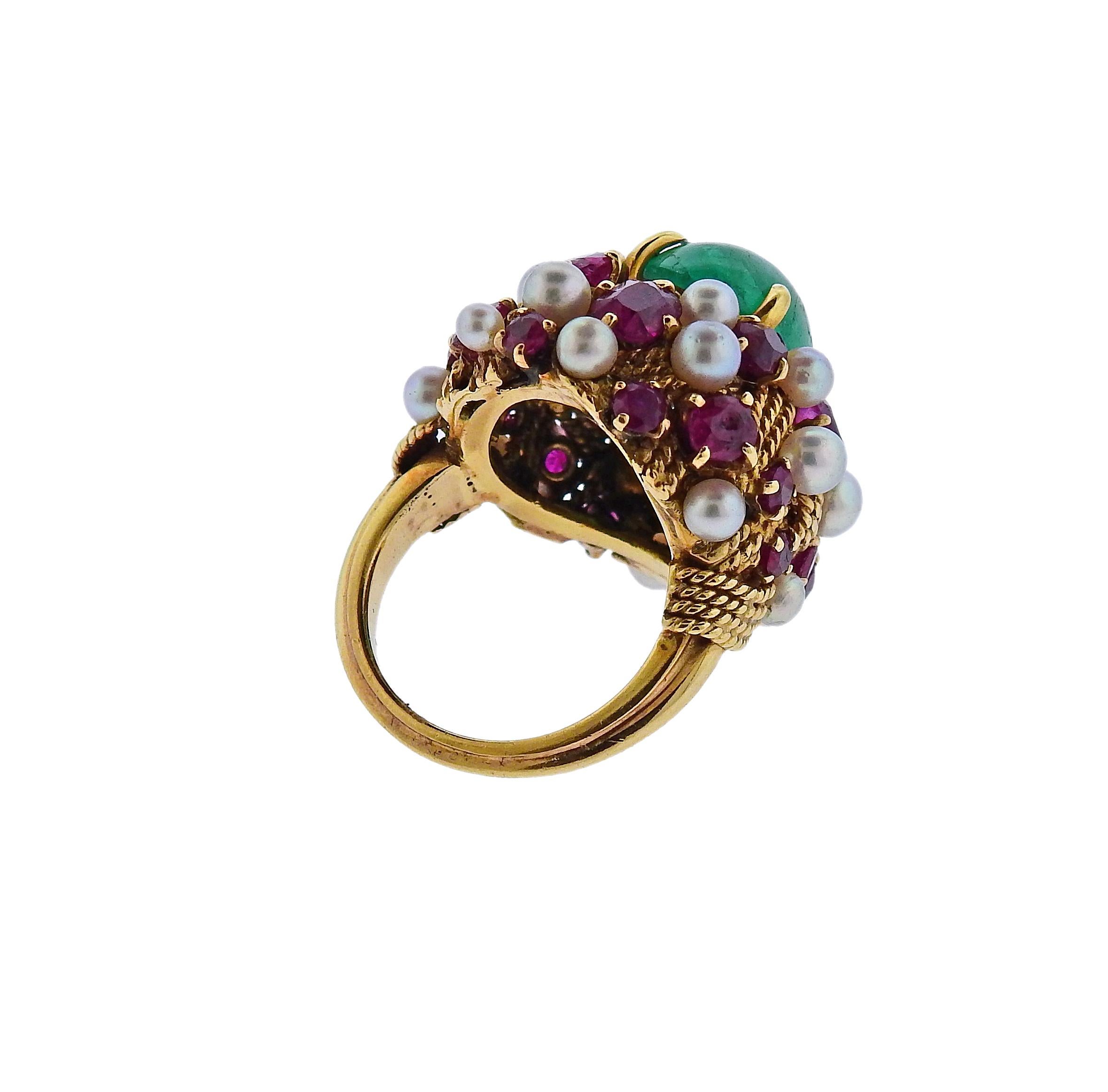 Women's or Men's 1960s Emerald Cabochon Ruby Pearl Gold Cocktail Ring