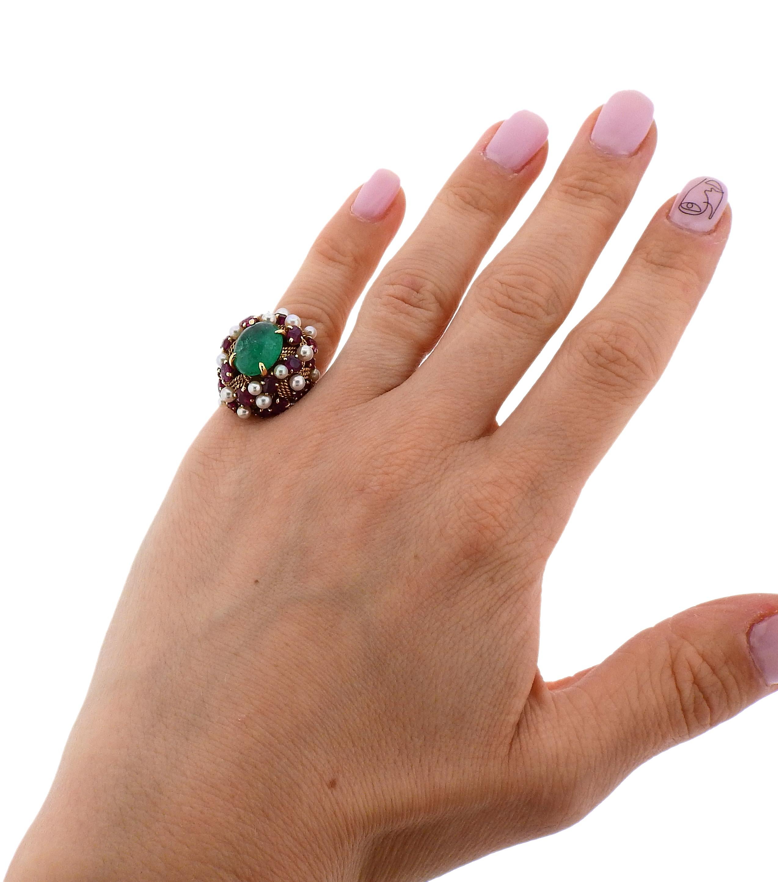 1960s Emerald Cabochon Ruby Pearl Gold Cocktail Ring 1