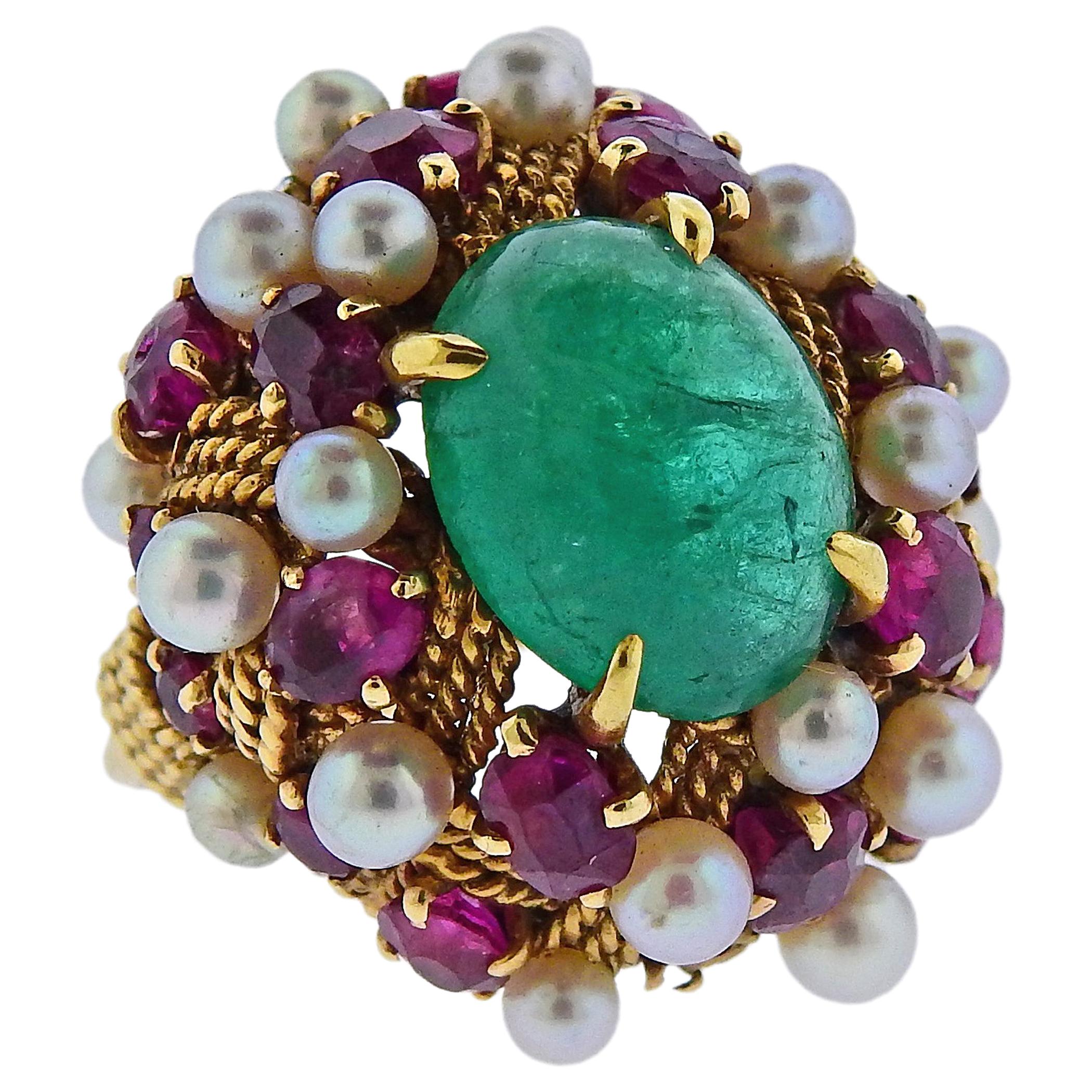 1960s Emerald Cabochon Ruby Pearl Gold Cocktail Ring
