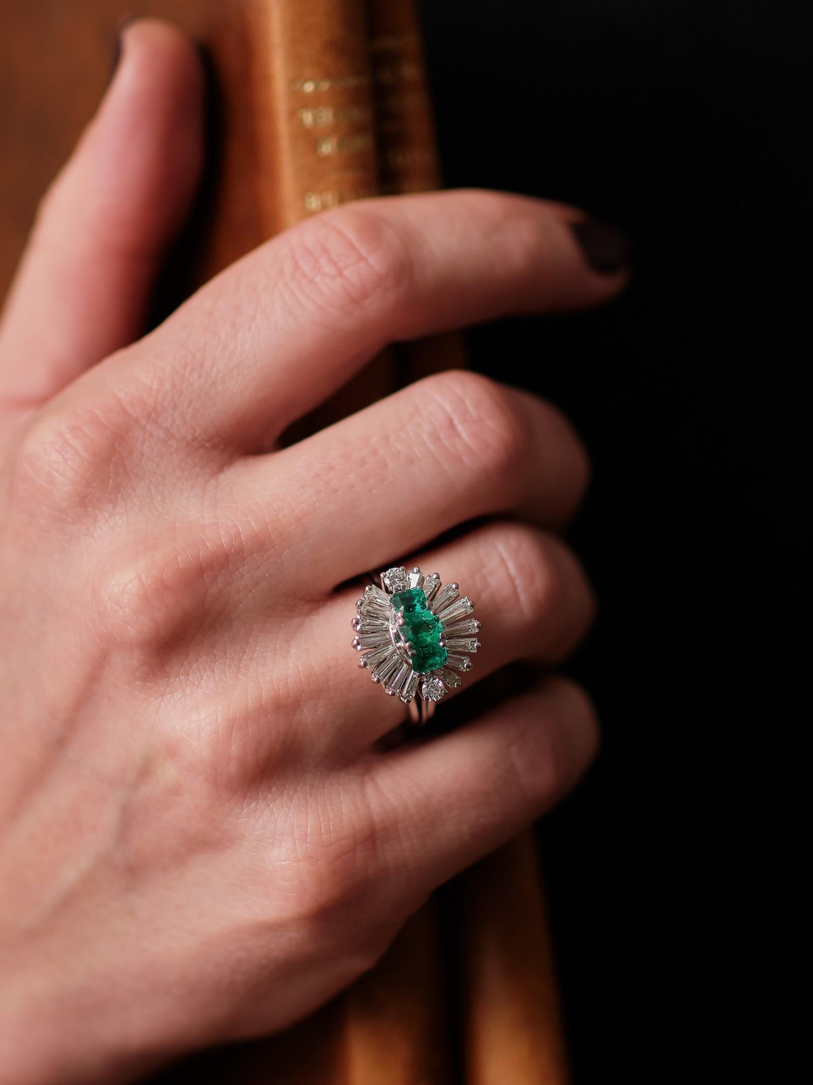 Emerald Cut 1960s emerald diamond ballerina ring For Sale