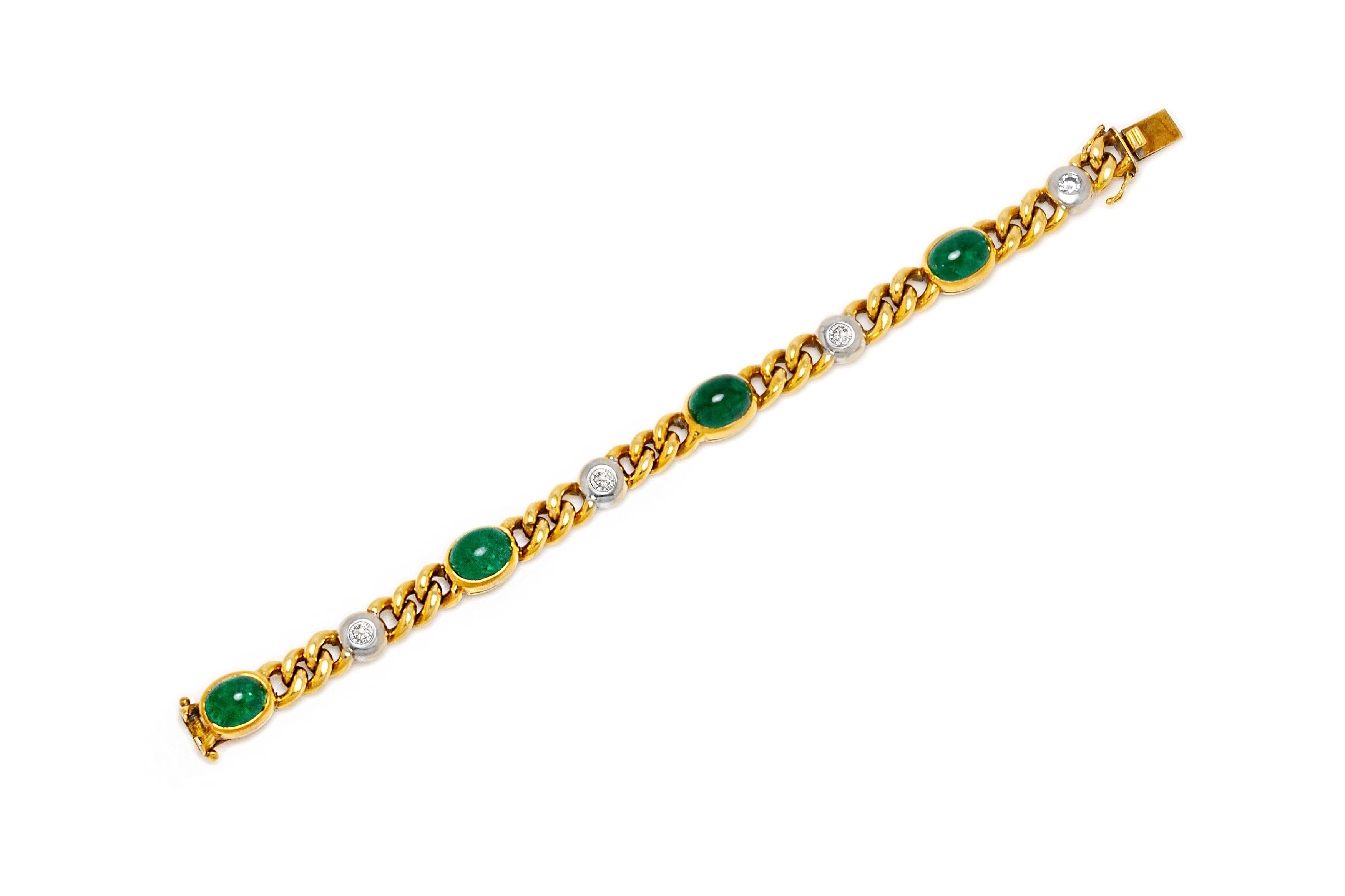 Bracelet finely crafted in 18k yellow gold with emeralds weighing a total of 15.80 carat and diamonds weighing a total of 1.00 carat. Length of the bracelet is 7 inch/18.5 cm. Circa 1960's.