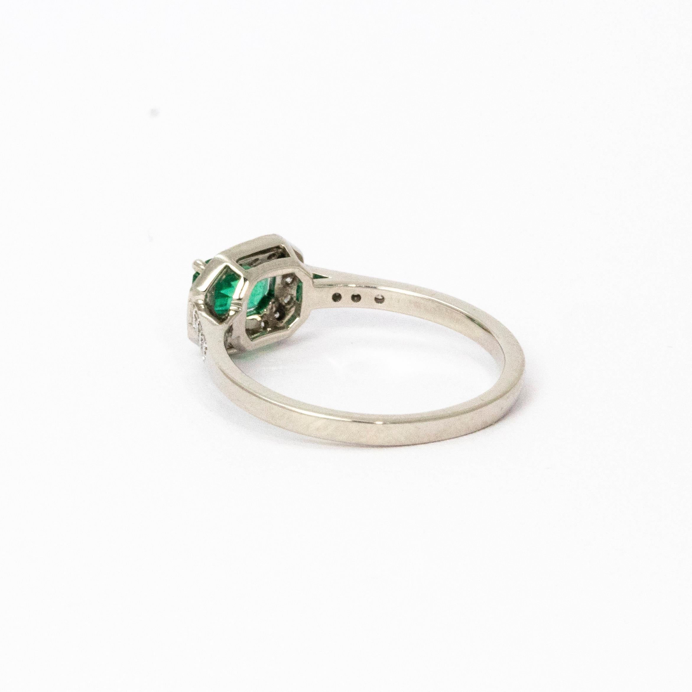 Emerald Cut 1960s Emerald Diamond Halo Platinum Ring