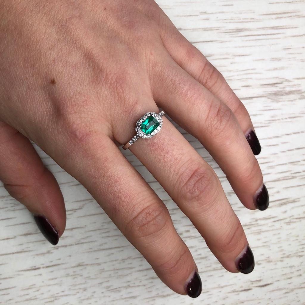 1960s Emerald Diamond Halo Platinum Ring 2