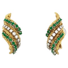 1960s Emerald Diamond Textured 14 Karat Yellow Gold Estate Earclip Earrings