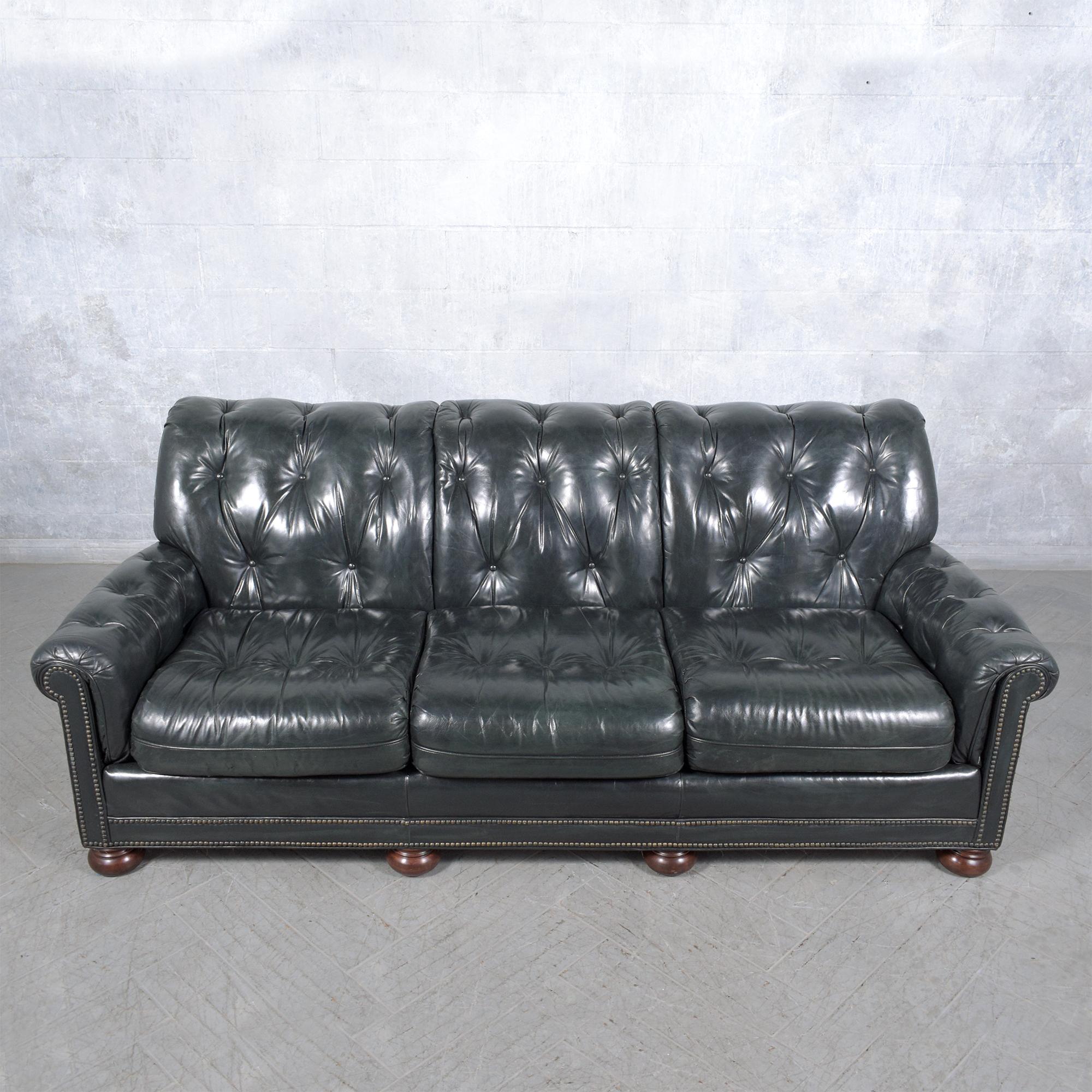 Experience unparalleled luxury with our 1960s Vintage Emerald Green Chesterfield Leather Sofa, a symbol of timeless elegance and superior craftsmanship. Handcrafted from a robust solid wood frame and draped in authentic leather, this sofa showcases