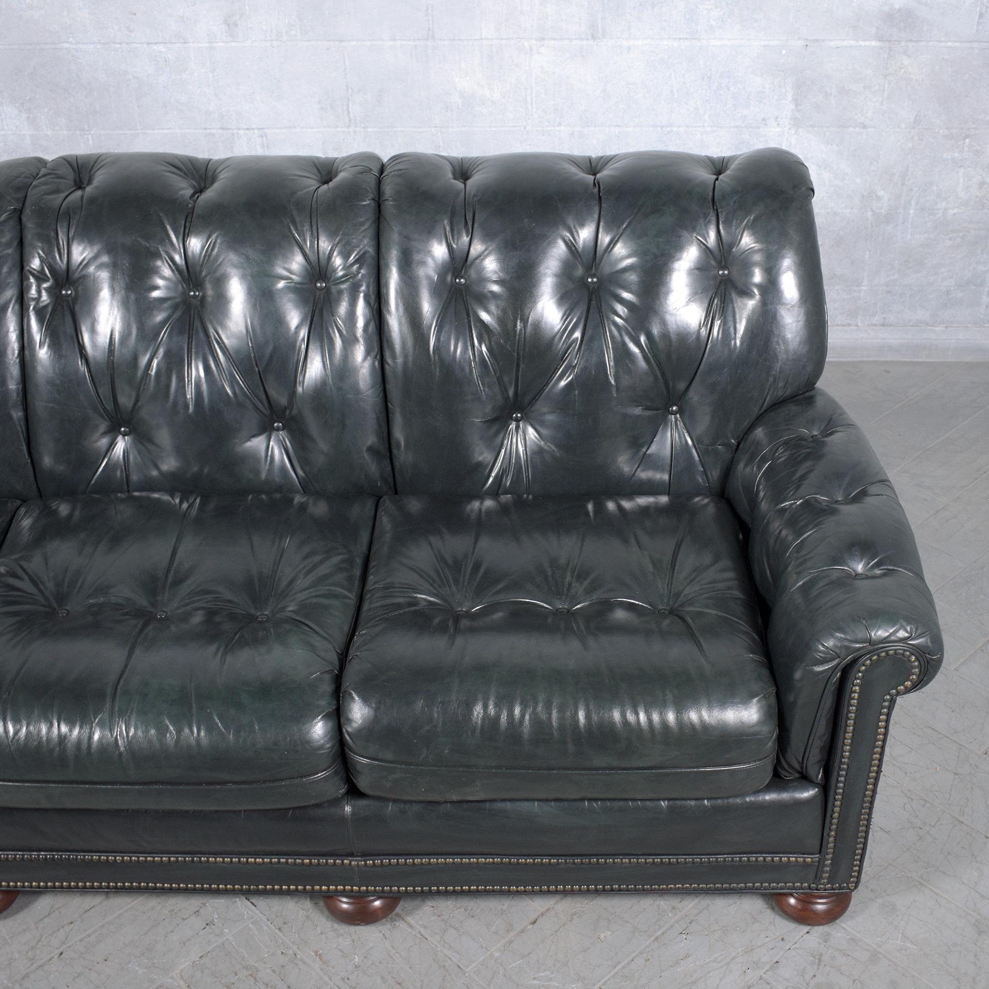 1960s Emerald Green Chesterfield Leather Sofa - Restored In Good Condition For Sale In Los Angeles, CA