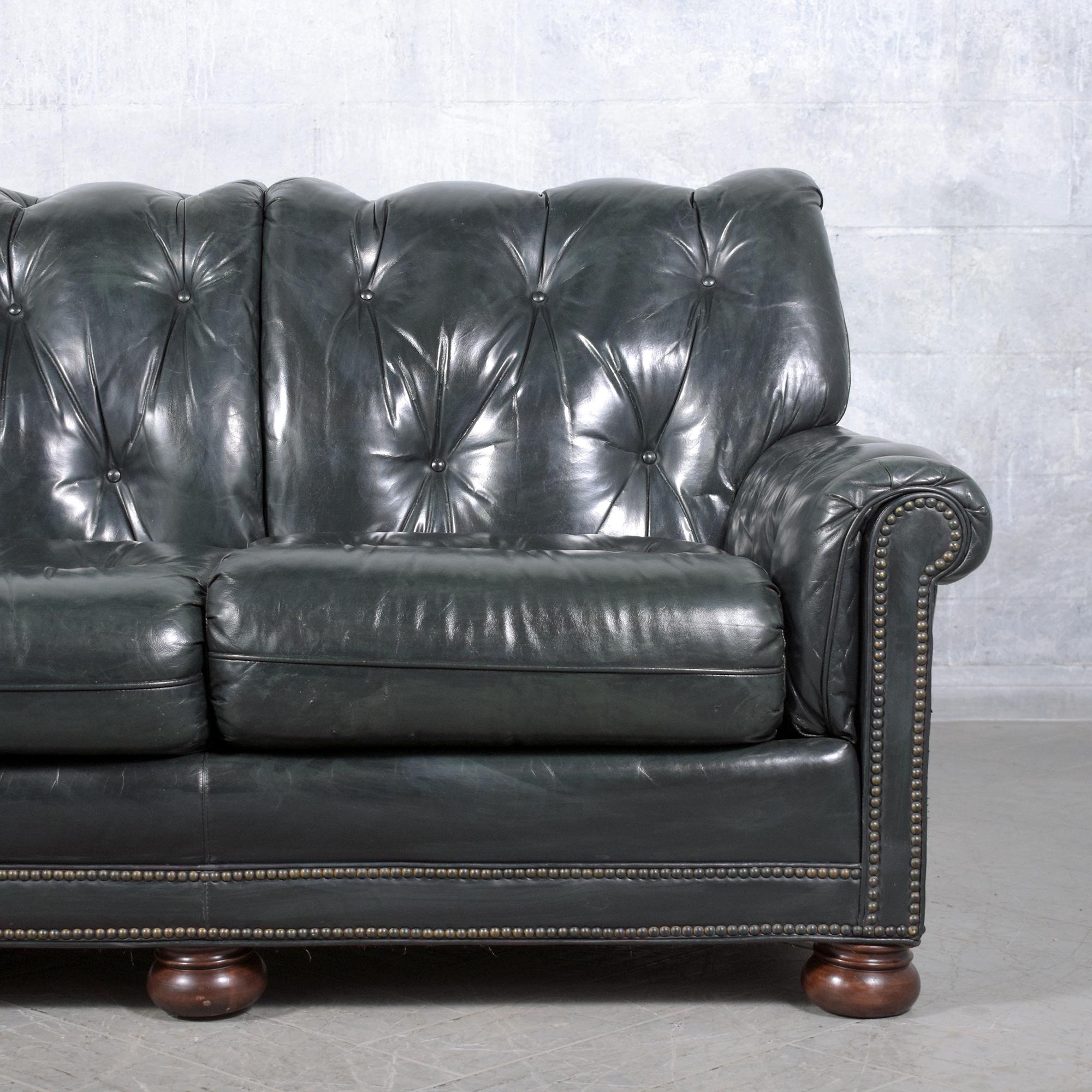 Mid-20th Century 1960s Emerald Green Chesterfield Leather Sofa - Restored For Sale