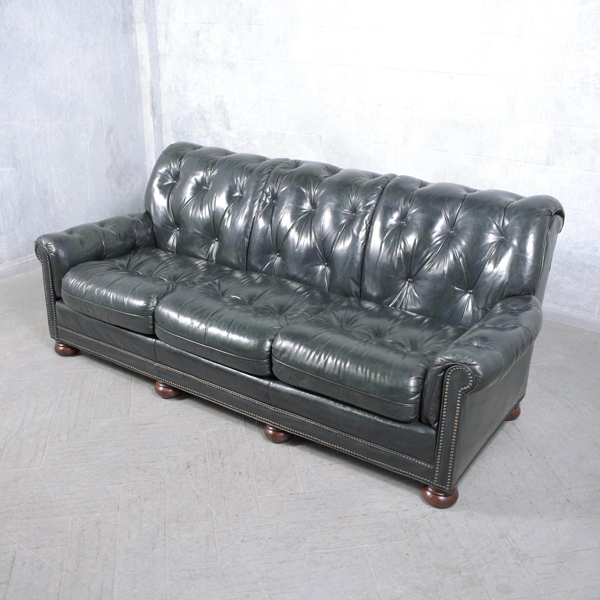 Brass 1960s Emerald Green Chesterfield Leather Sofa - Restored For Sale