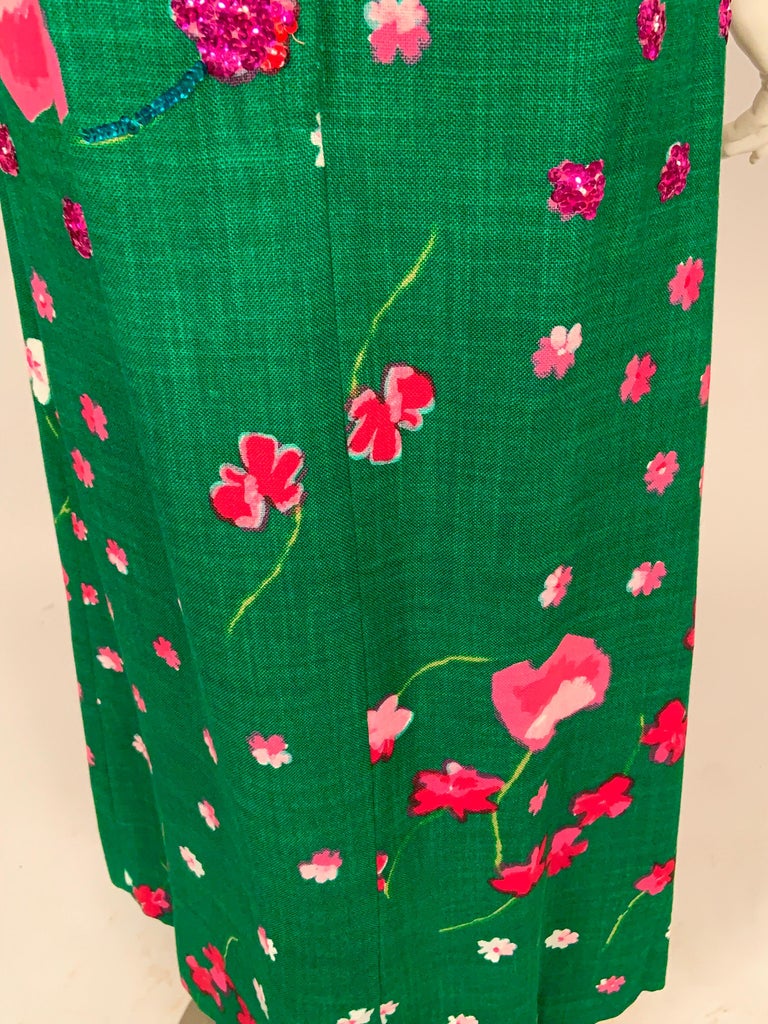 1960 S Emerald Green Floral Print Linen Dress With Sequin And Beaded Decoration At 1stdibs