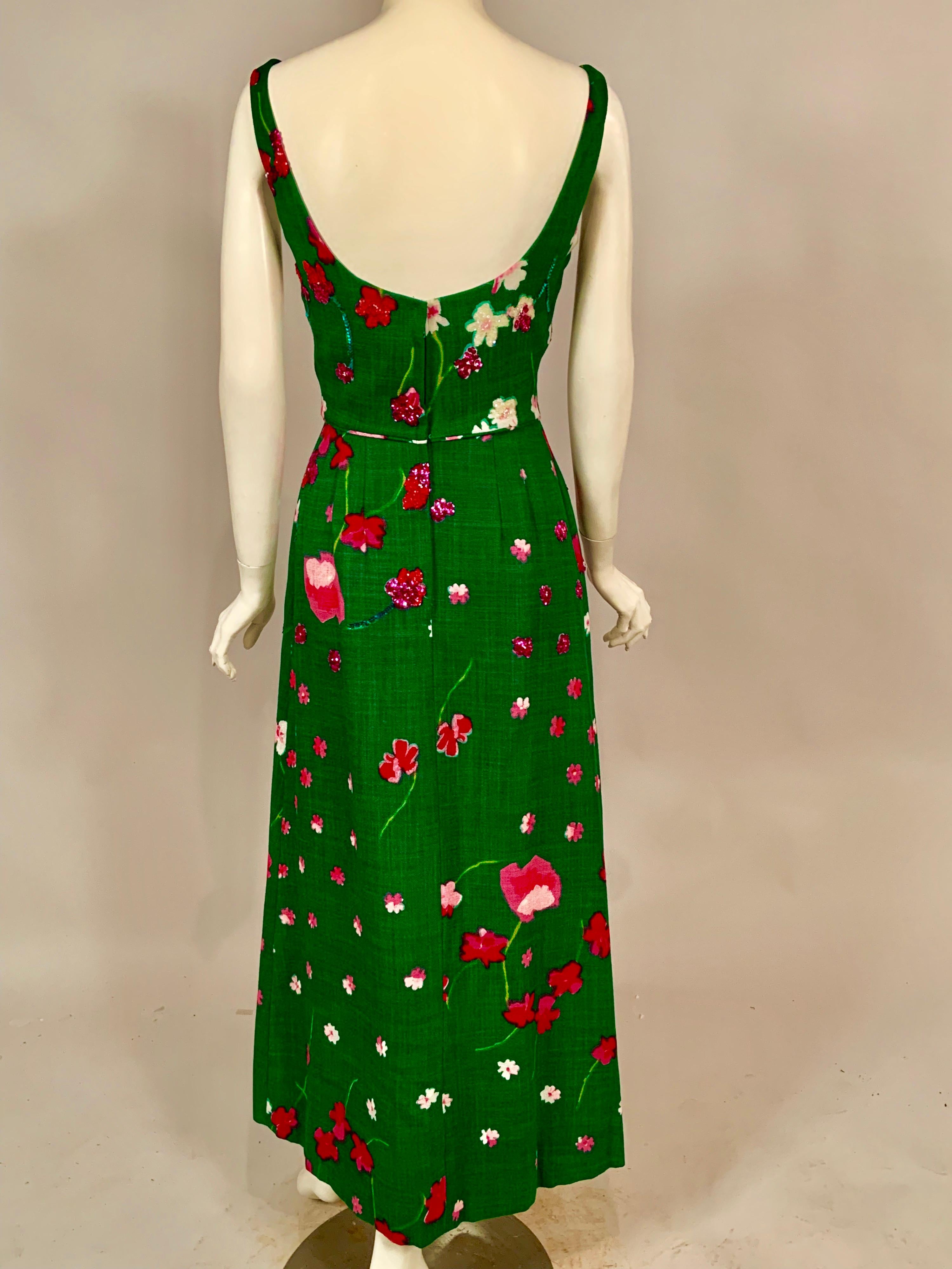 1960's Emerald Green Floral Print Linen Dress with Sequin and Beaded Decoration  1