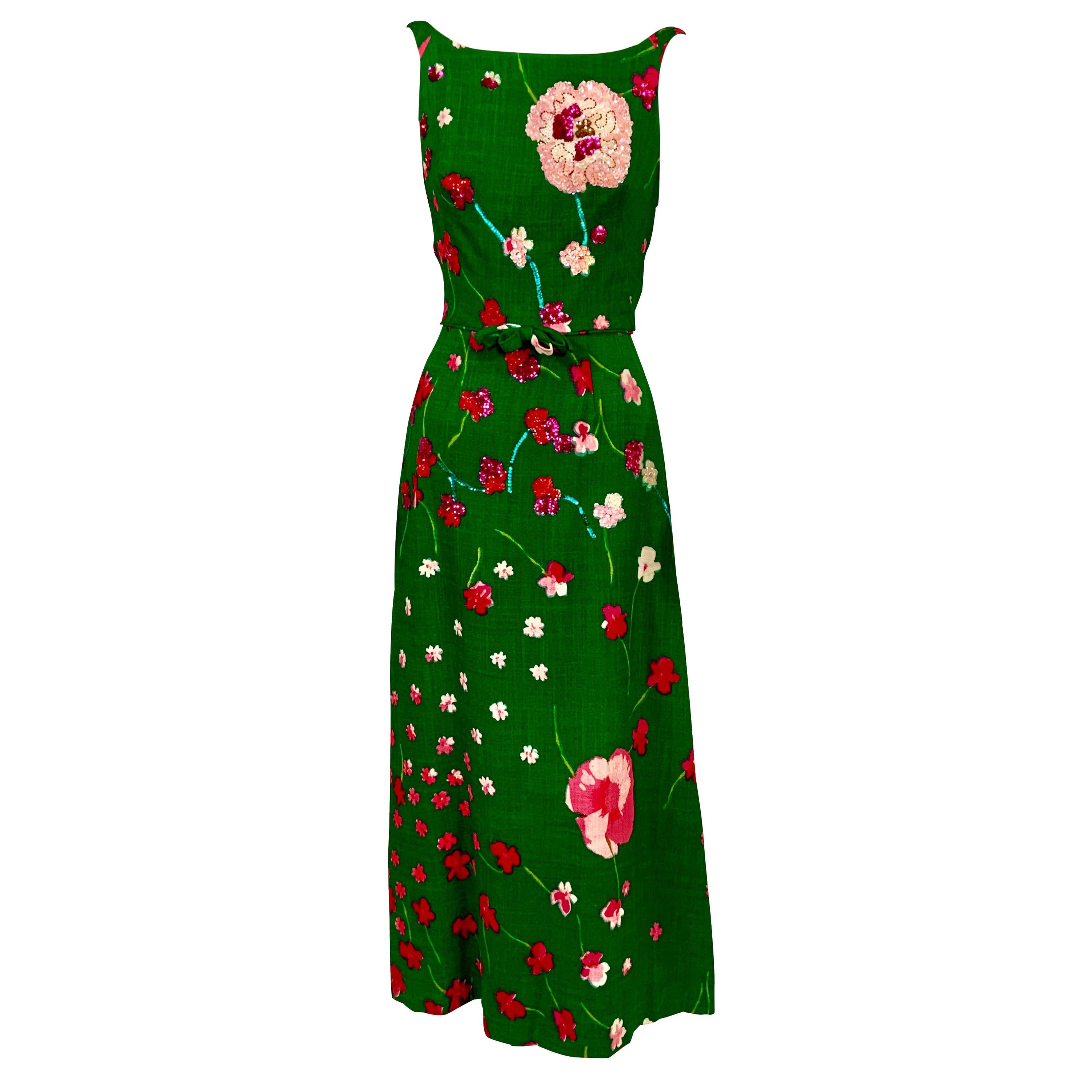 1960's Emerald Green Floral Print Linen Dress with Sequin and Beaded Decoration 