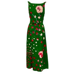 1960's Emerald Green Floral Print Linen Dress with Sequin and Beaded Decoration 